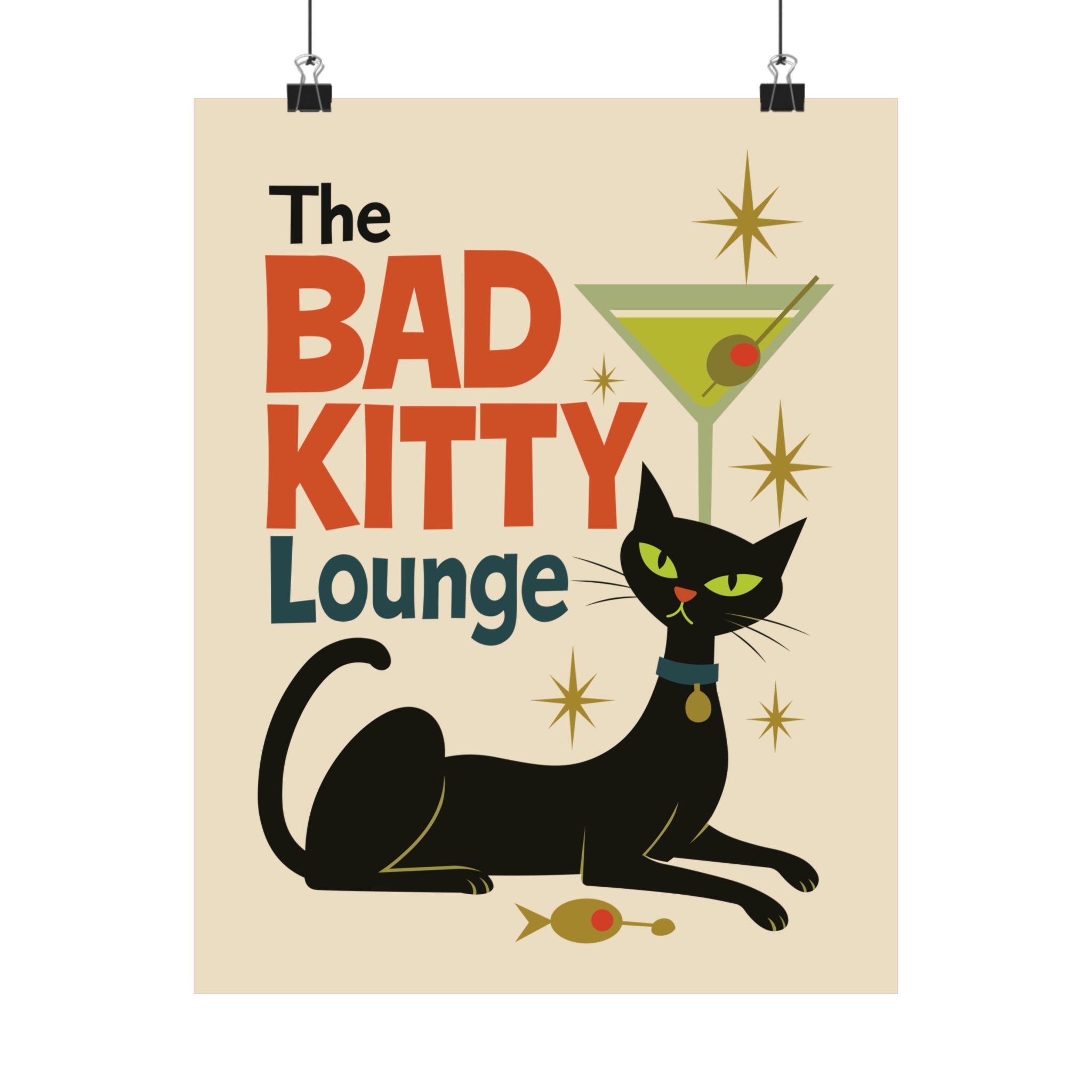 Mid Century Modern Cat Fine Art Poster Bad Kitty Lounge Decor, Vintage Cat Art Wall Art for Cat Lovers Unique Gift for Home Retro Cat Decor