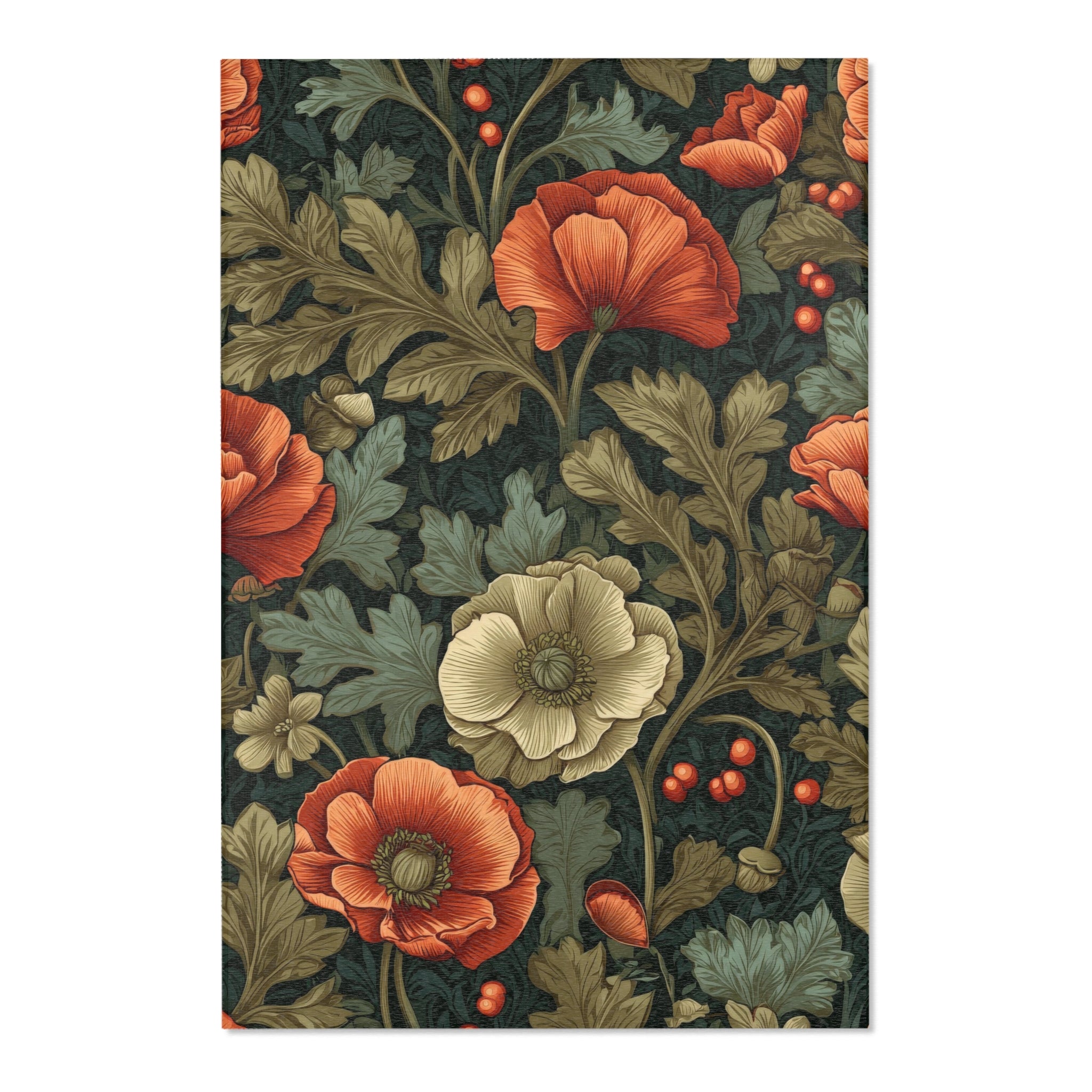 William Morris Botanical Poppy Area Rug | Coral Orange, Teal Green Arts & Crafts
