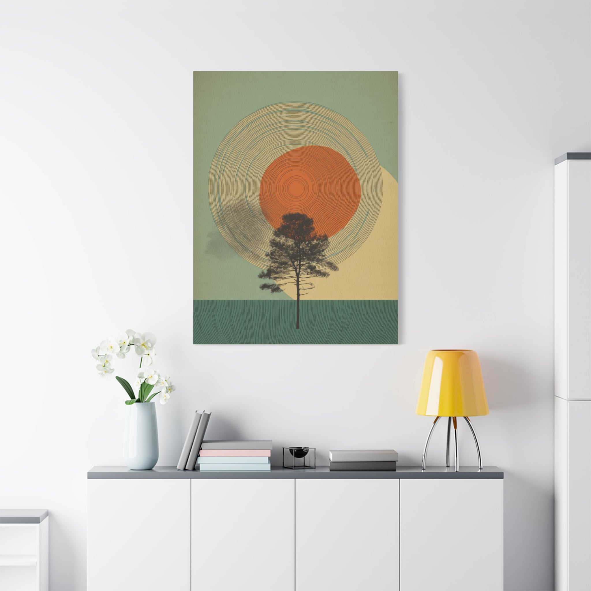 Tree Ring Wall Art | Mid Century Wall Art | Abstract Canvas Of Sun And Tree Nature Landscape
