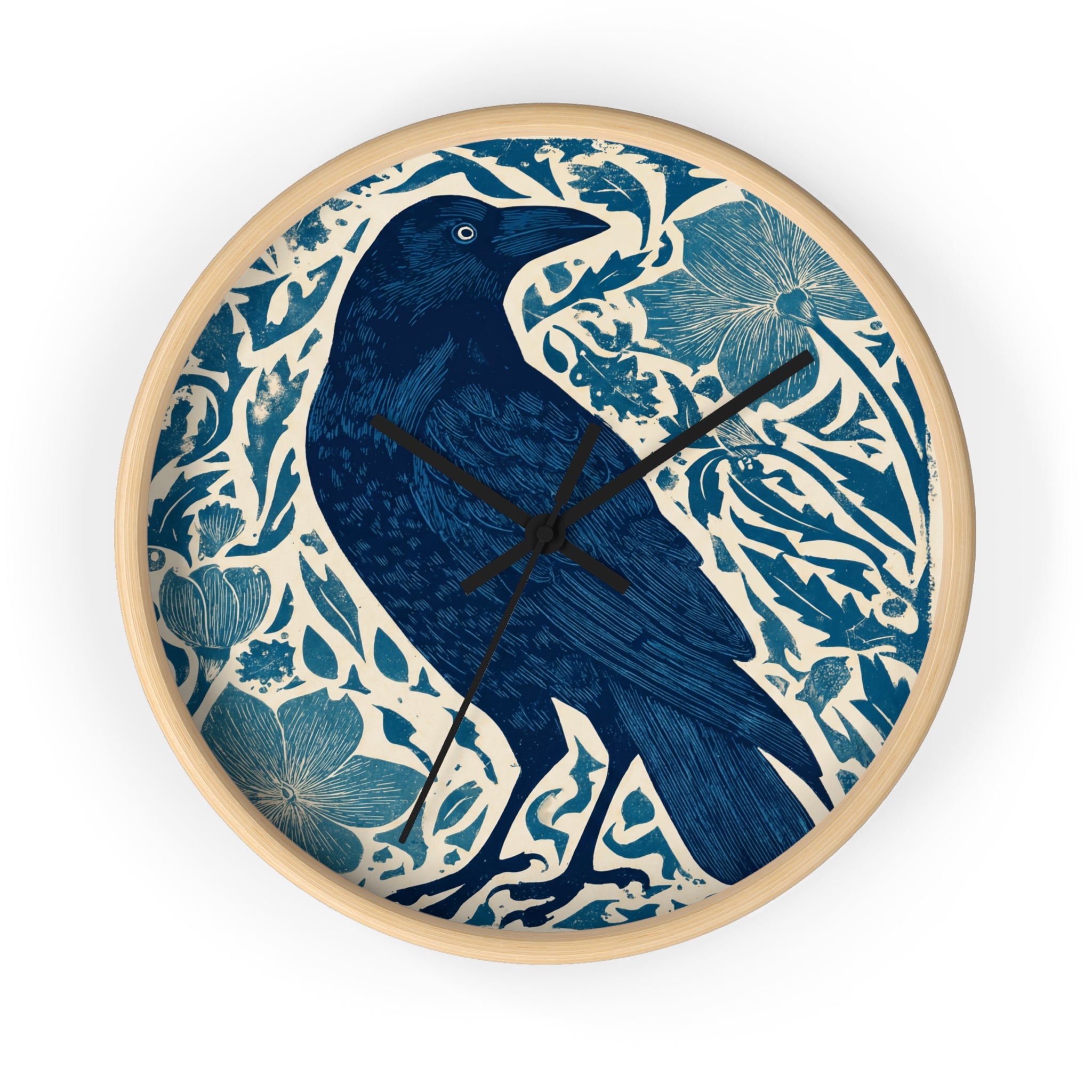 Linocut Raven Floral Wall Clock | Woodblock Style Vine Pattern