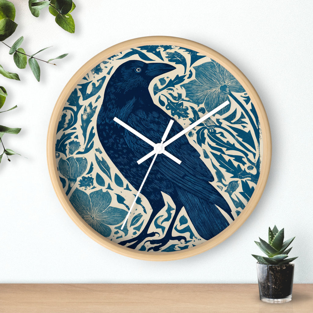 Linocut Raven Floral Wall Clock | Woodblock Style Vine Pattern
