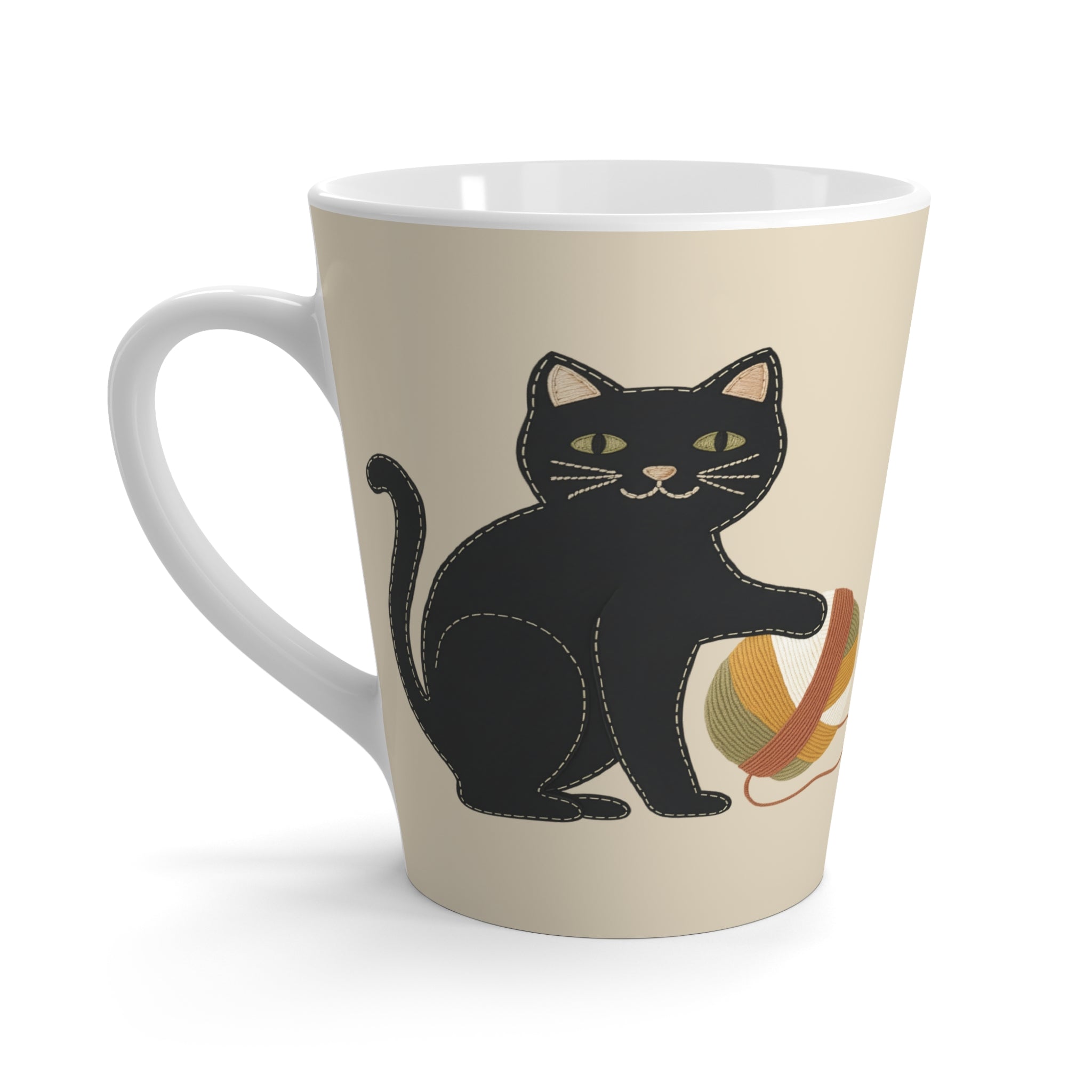 Folk Black Cat with Yarn Latte Mug | Appliqué-Style Embroidery Look