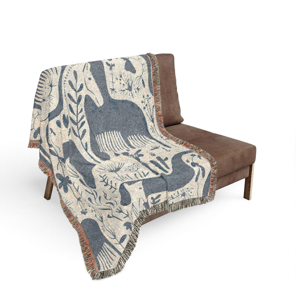 Scandinavian Horse Pattern Woven Blanket | Blue Cream Folk Art Tapestry
