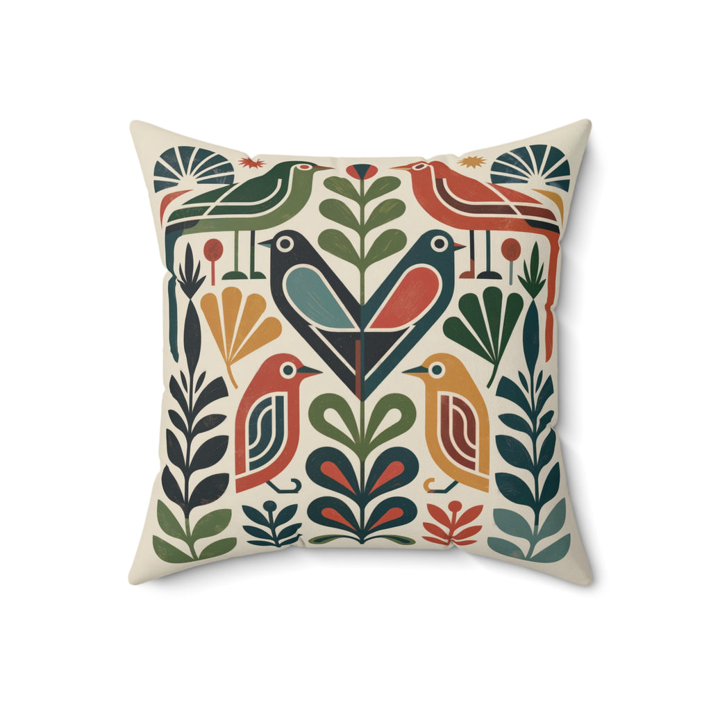 Mid-Century Folk Bird Throw Pillow, Geometric Botanical Cushion, Retro Modern Accent Pillow
