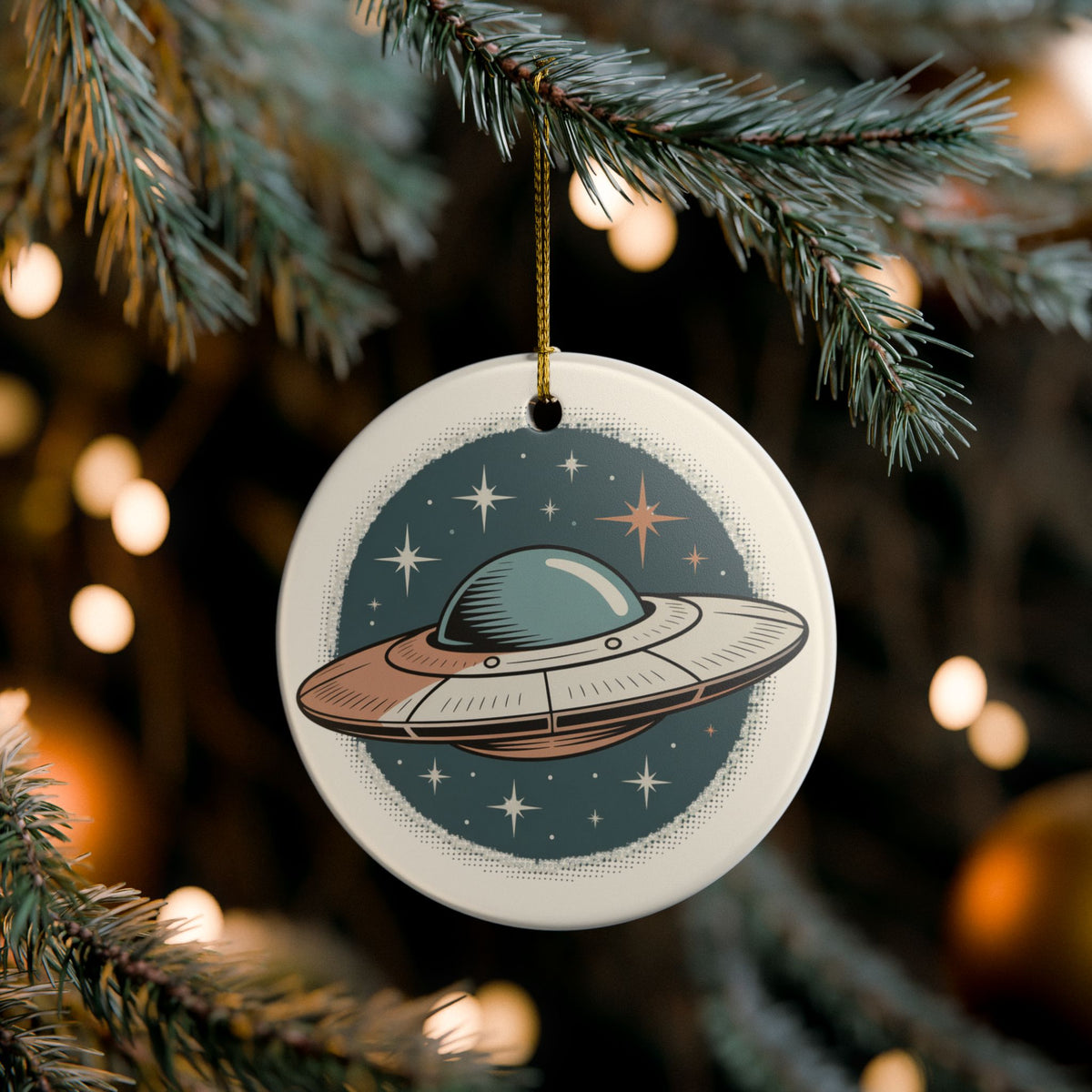 Retro UFO ceramic Christmas ornament in teal, cream and copper