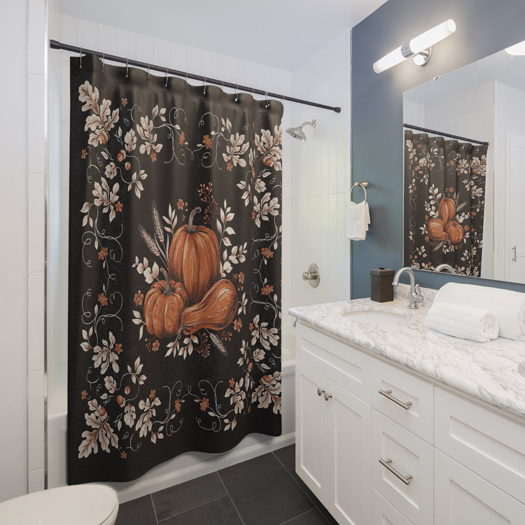 Pumpkin Bouquet Shower Curtain | Black Floral Fall Decor