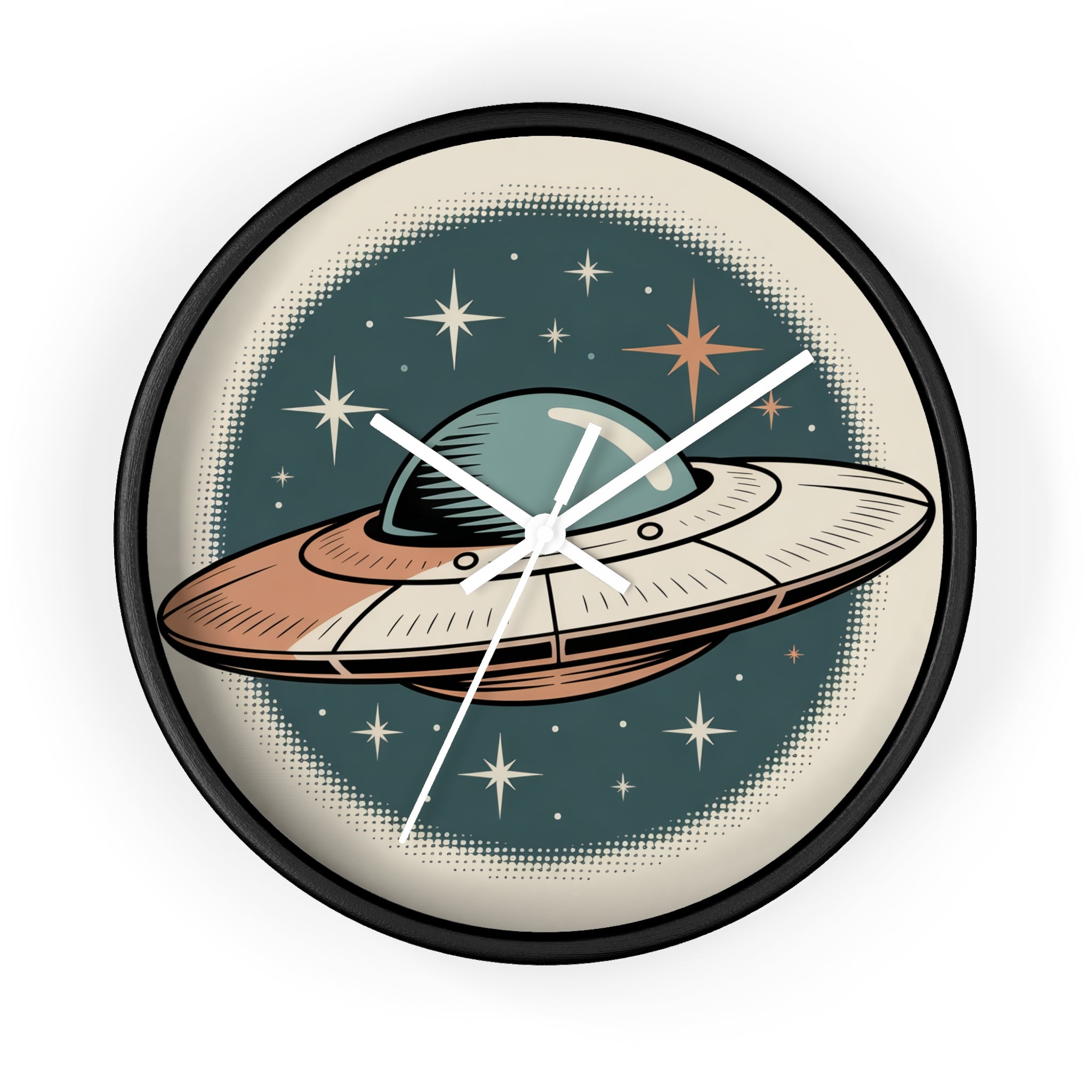 Mid Century Modern Clock, Vintage UFO Postcard Wall Clock, Halftone Starry Night Saucer, Retro Space Age Decor, Teal Orange Sci Fi