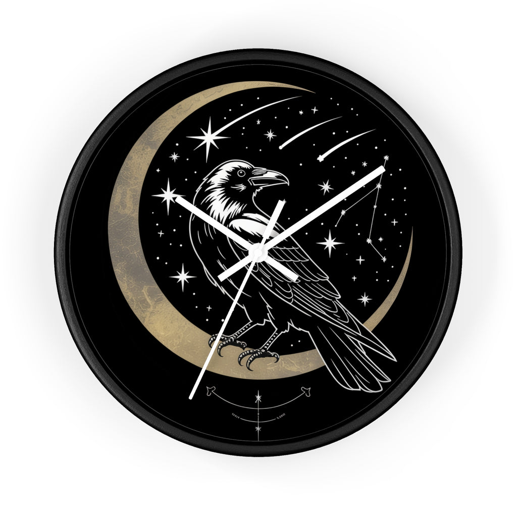 Raven Crescent Moon Wall Clock | Gothic Celestial Stars, Witchy Dark Academia
