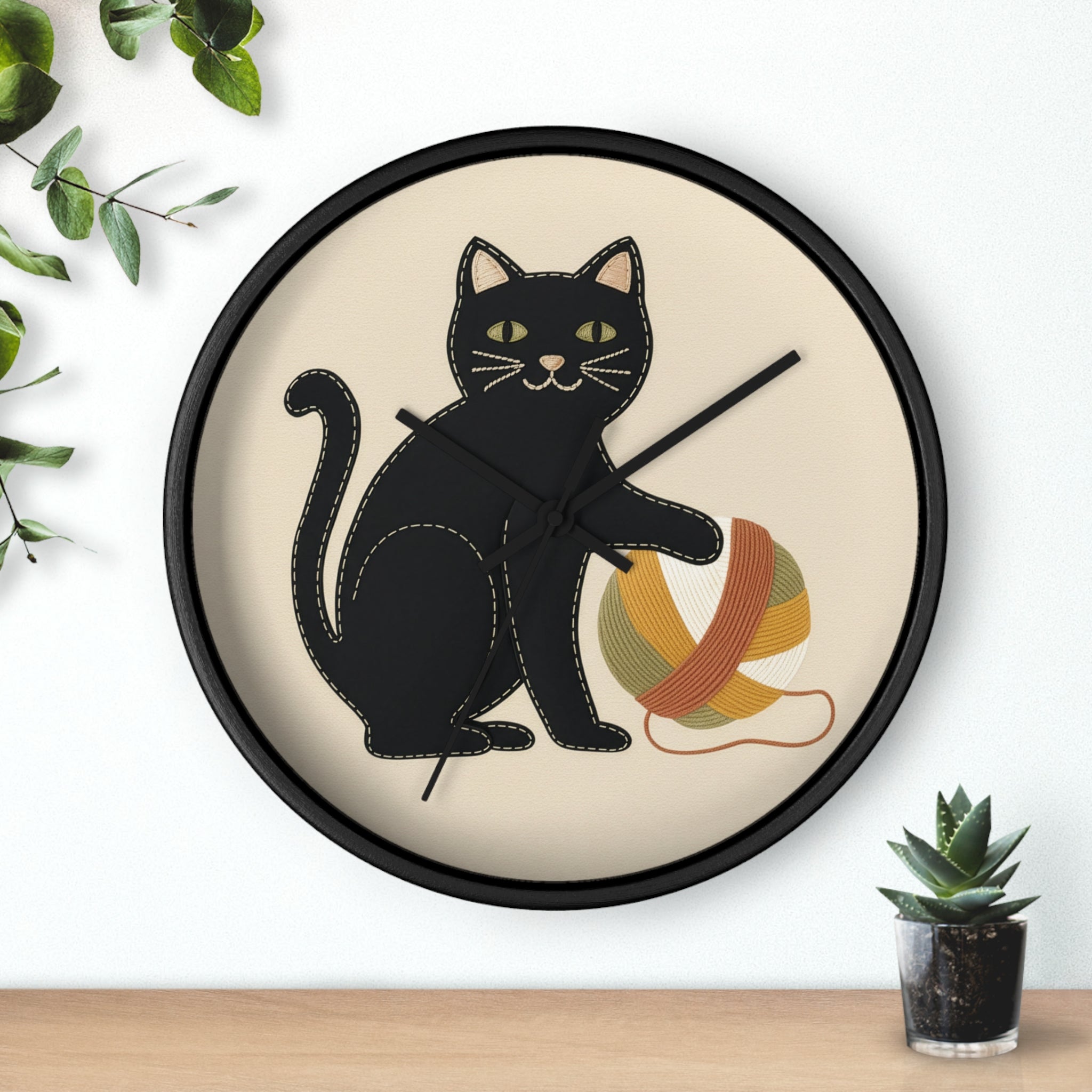 Black Cat Yarn Wall Clock, Modern Minimalist Cat Decor, Knitting & Crochet Lover Gift, Playful Nursery or Craft Room Clock
