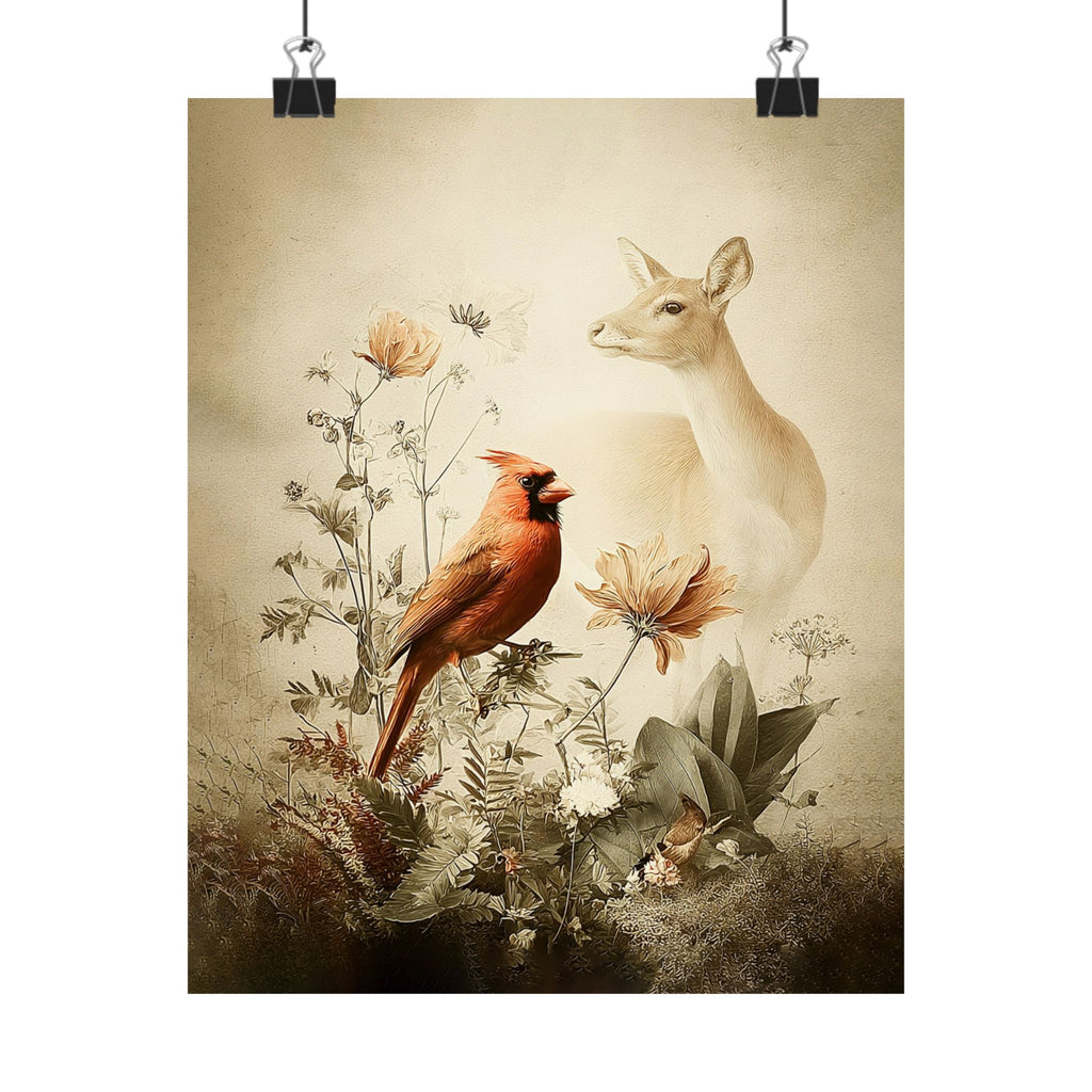 Woodland Cardinal and Doe Poster  | Nature Scene, Floral
