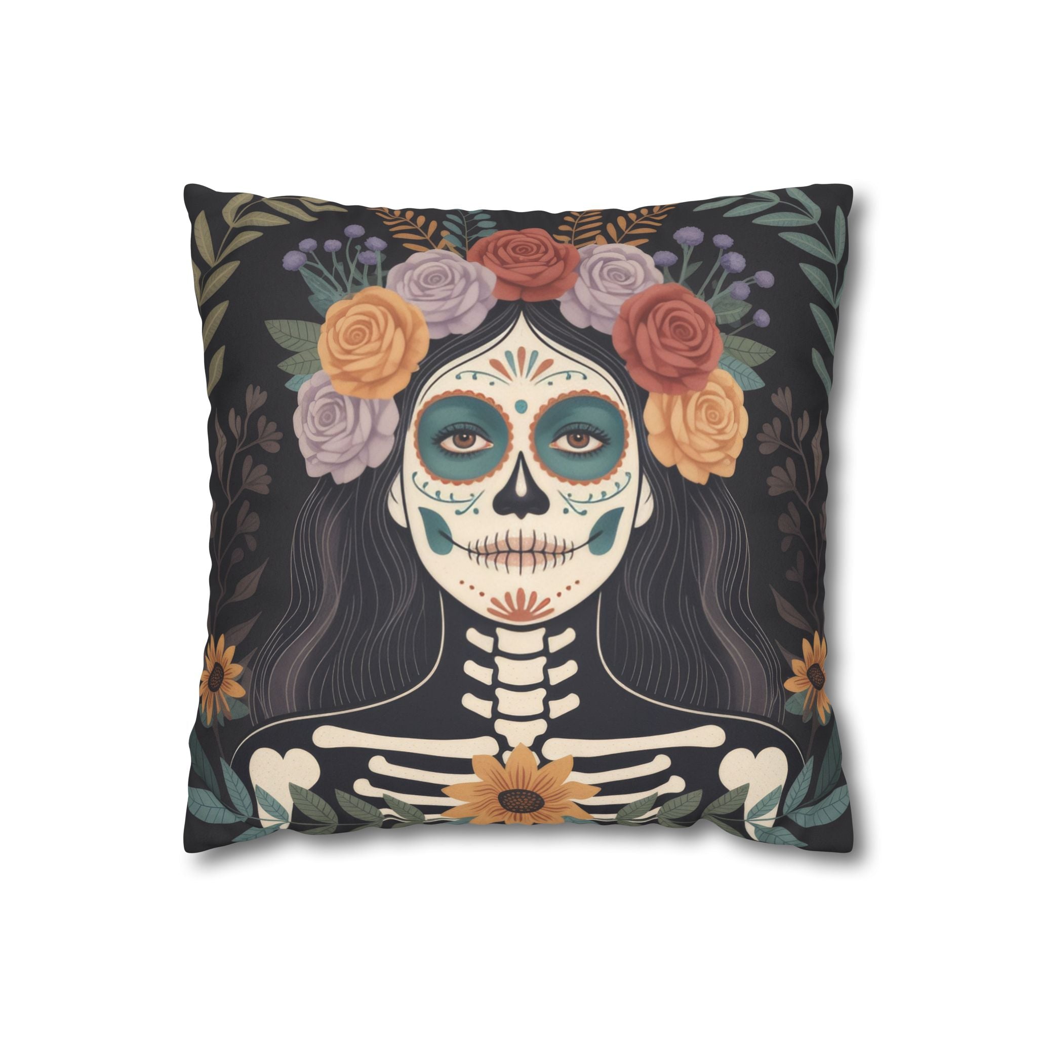 La Catrina Faux Suede Pillow Cover, Colorful Day of the Dead Floral Skull Decor