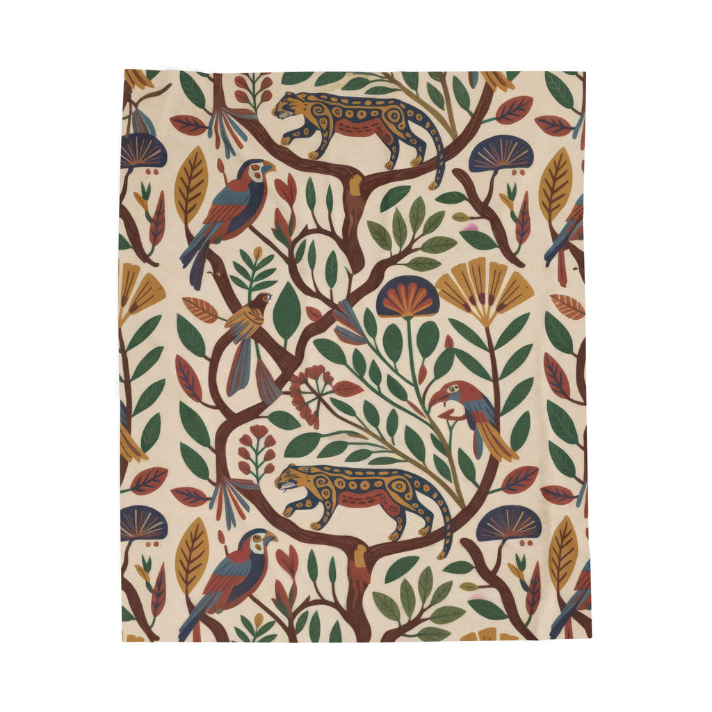 Jaguar and parrot botanical folk-art plush blanket front view