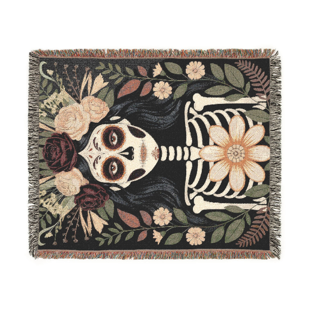 La Catrina Gothic Día de los Muertos Gothic Woven Blanket | Sugar Skull Botanical Throw
