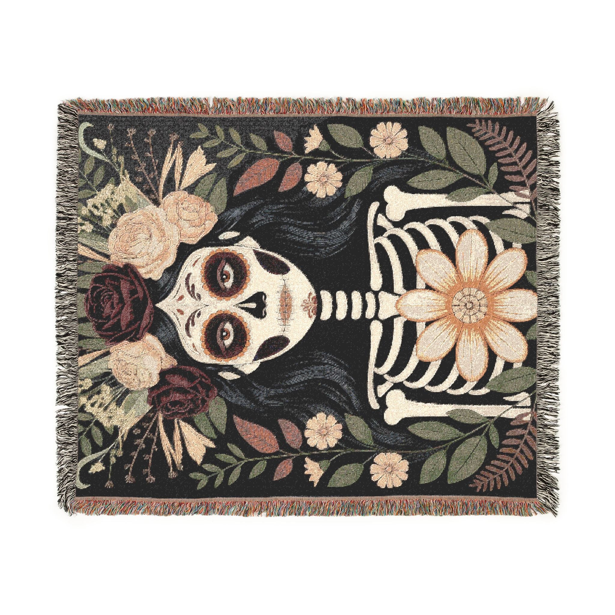 La Catrina Gothic Día de los Muertos Gothic Woven Blanket | Sugar Skull Botanical Throw