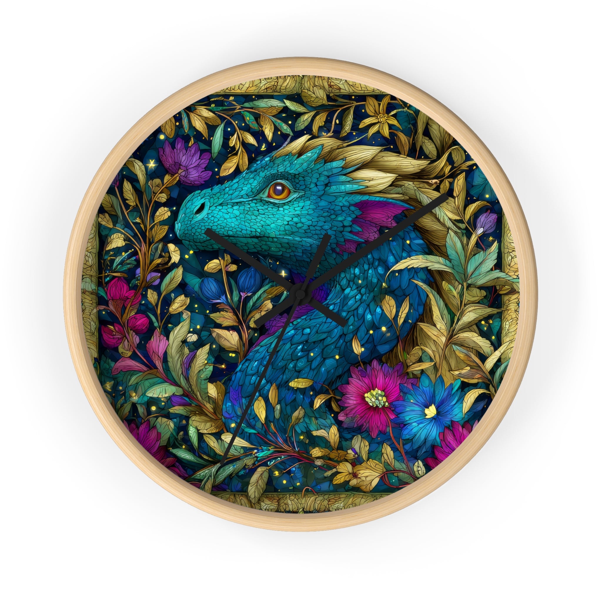 Stained-Glass Dragon Night Garden Wall Clock | Ornate Jewel-Tone Botanical