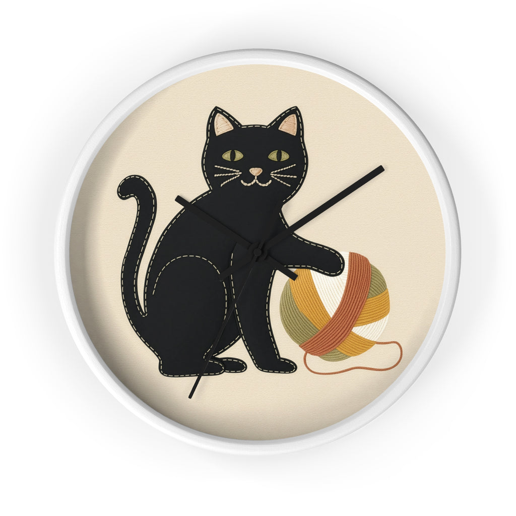 Black Cat Yarn Wall Clock, Modern Minimalist Cat Decor, Knitting & Crochet Lover Gift, Playful Nursery or Craft Room Clock