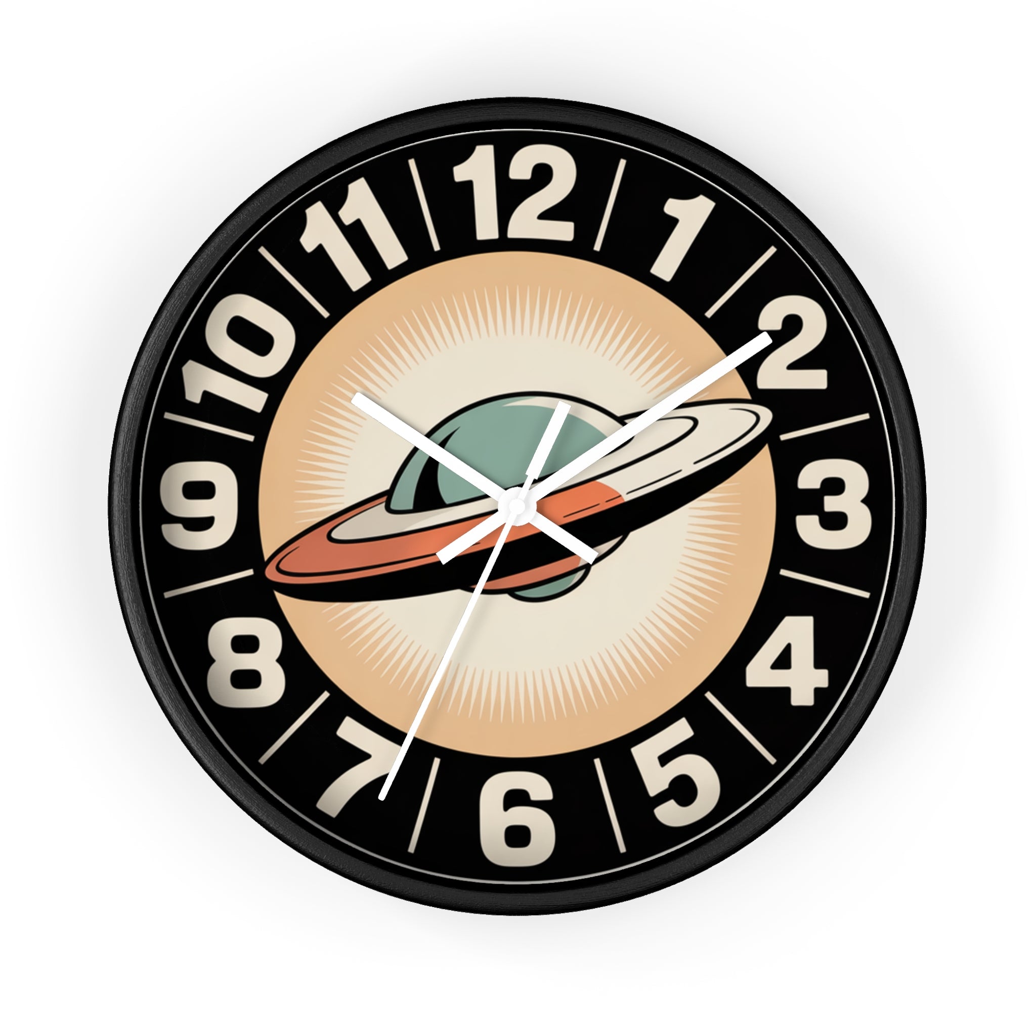 Mid Century Modern Clock, Retro UFO Wall Clock, Space Age Flying Saucer Design, Atomic Starburst Dial, 1950s Sci Fi Decor