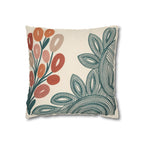 Mid Century Coral Teal Botanical Faux Suede Pillow Case | Modern Floral Decorative Accent