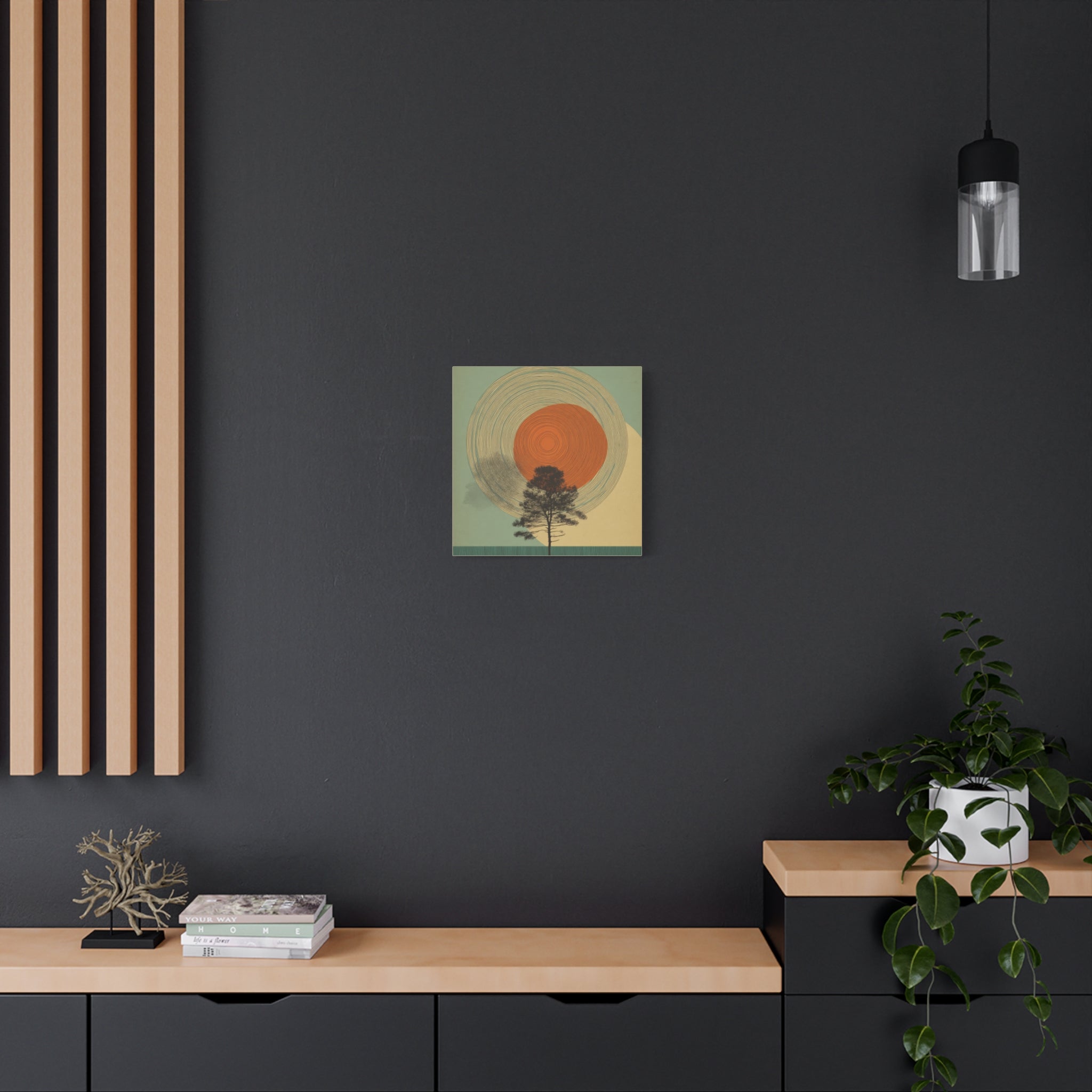 Tree Ring Wall Art | Mid Century Wall Art | Abstract Canvas Of Sun And Tree Nature Landscape