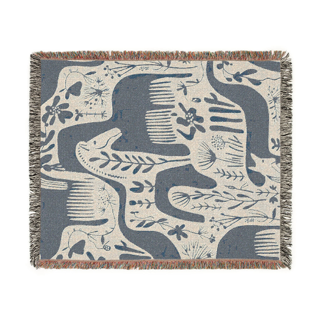 Scandinavian Horse Pattern Woven Blanket | Blue Cream Folk Art Tapestry