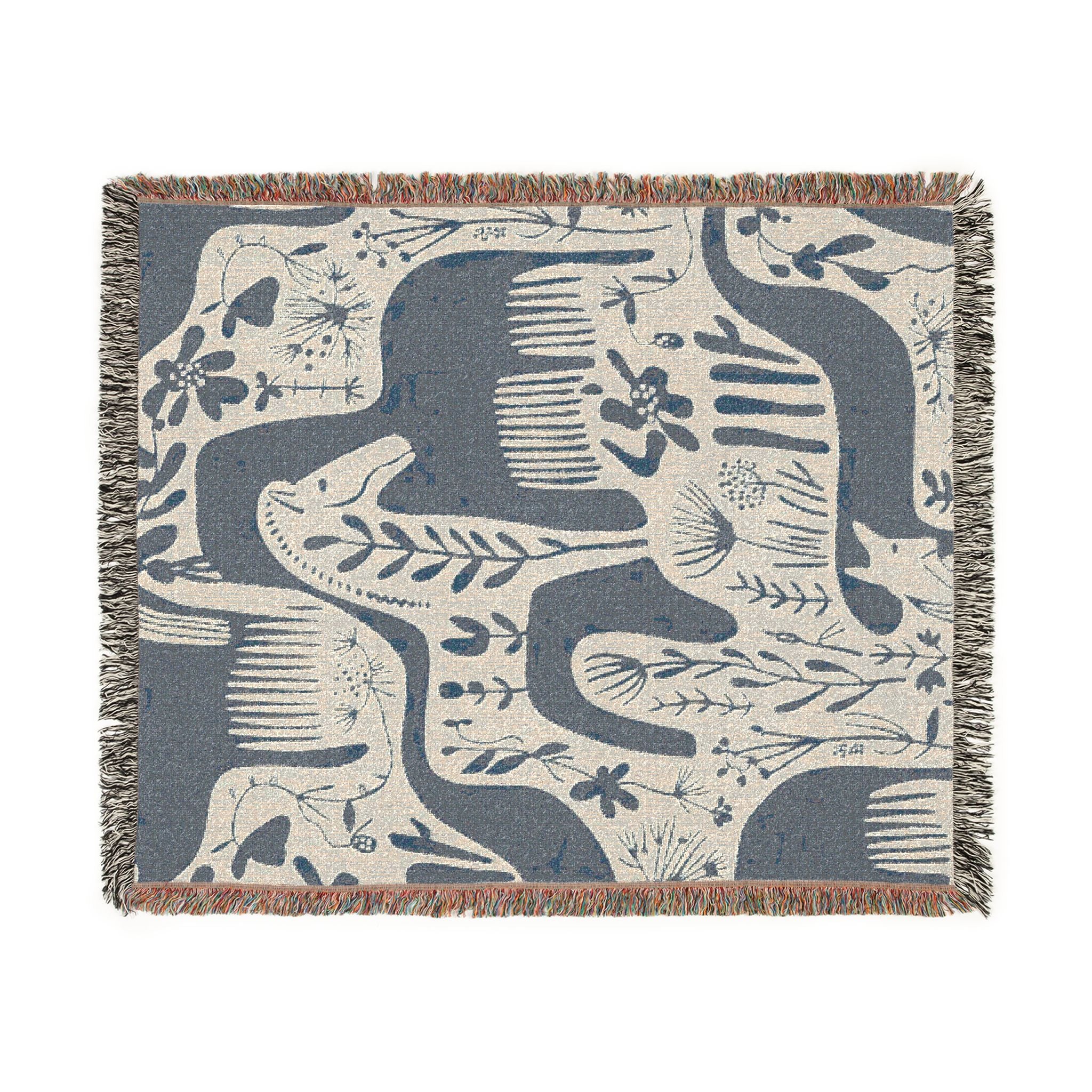 Scandinavian Horse Pattern Woven Blanket | Blue Cream Folk Art Tapestry