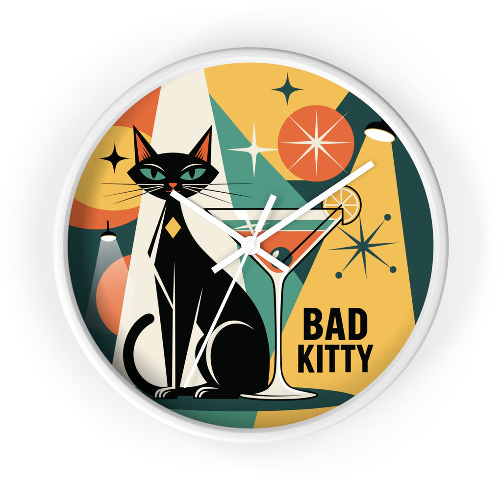 Bad Kitty Retro Cat Martini Wall Clock | Mid Century Modern Kitchen Decor