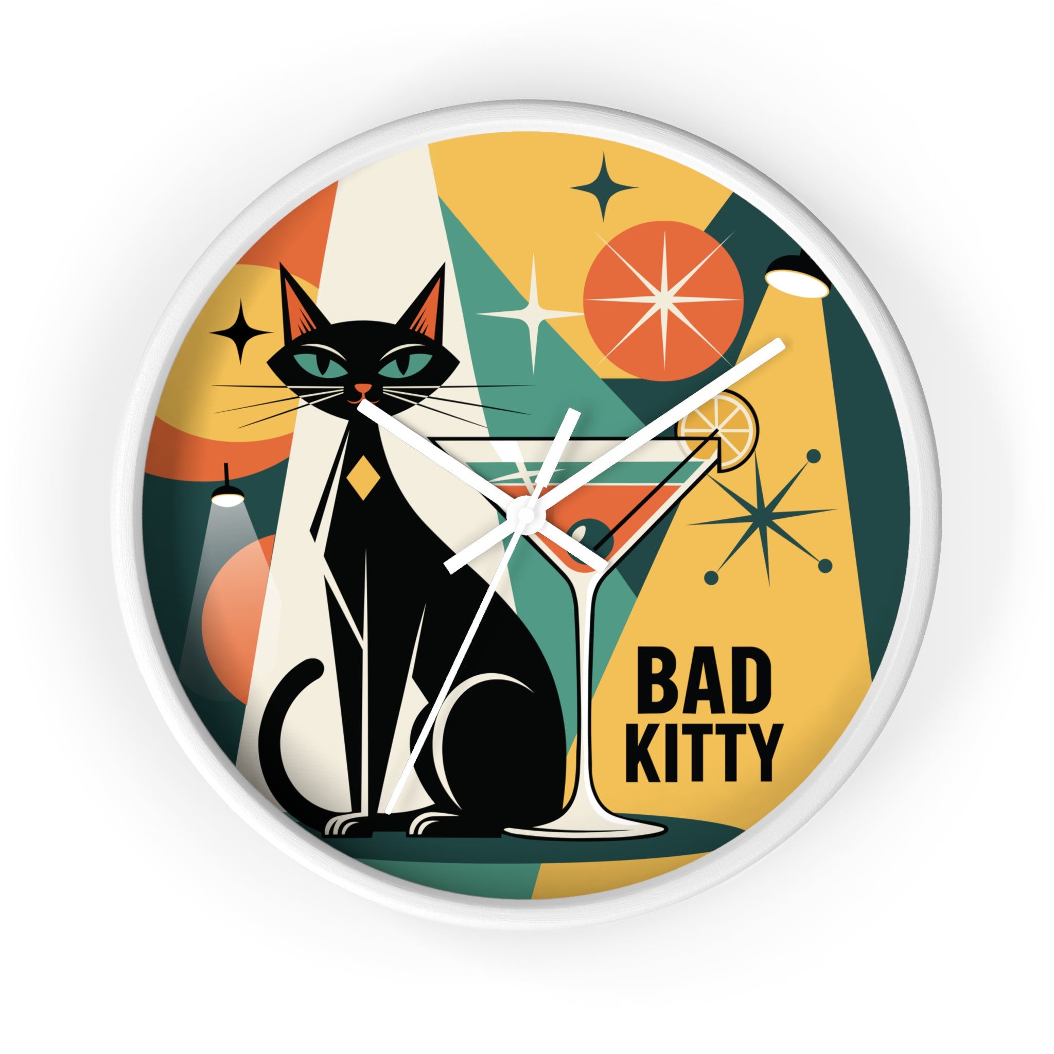 Bad Kitty Retro Cat Martini Wall Clock | Mid Century Modern Kitchen Decor