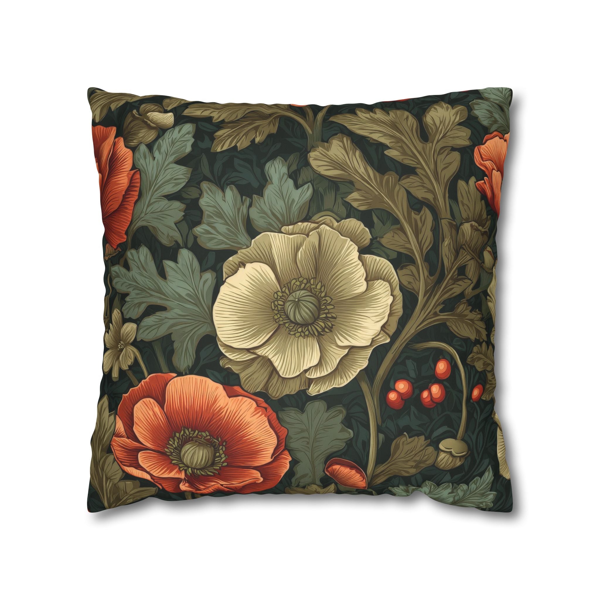William Morris Inspired Poppy Garden Faux Suede Square Pillowcase