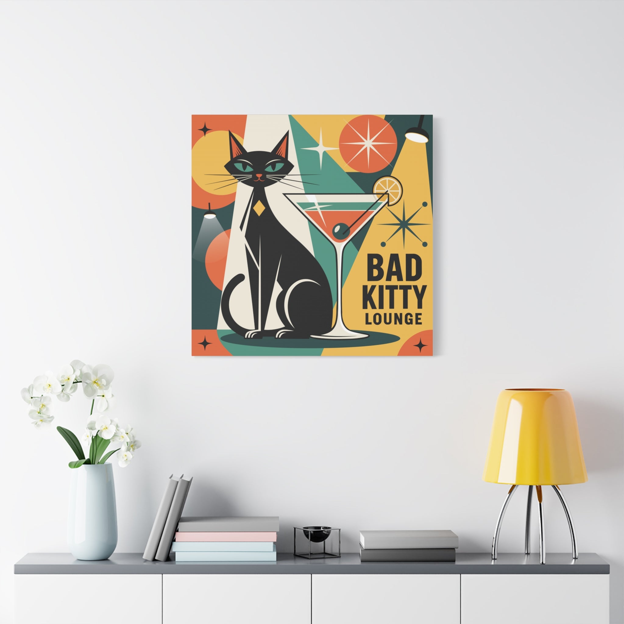 Bad Kitty Lounge Mod Print Canvas | Mid-Century Modern Cat Art, Atomic Age Poster