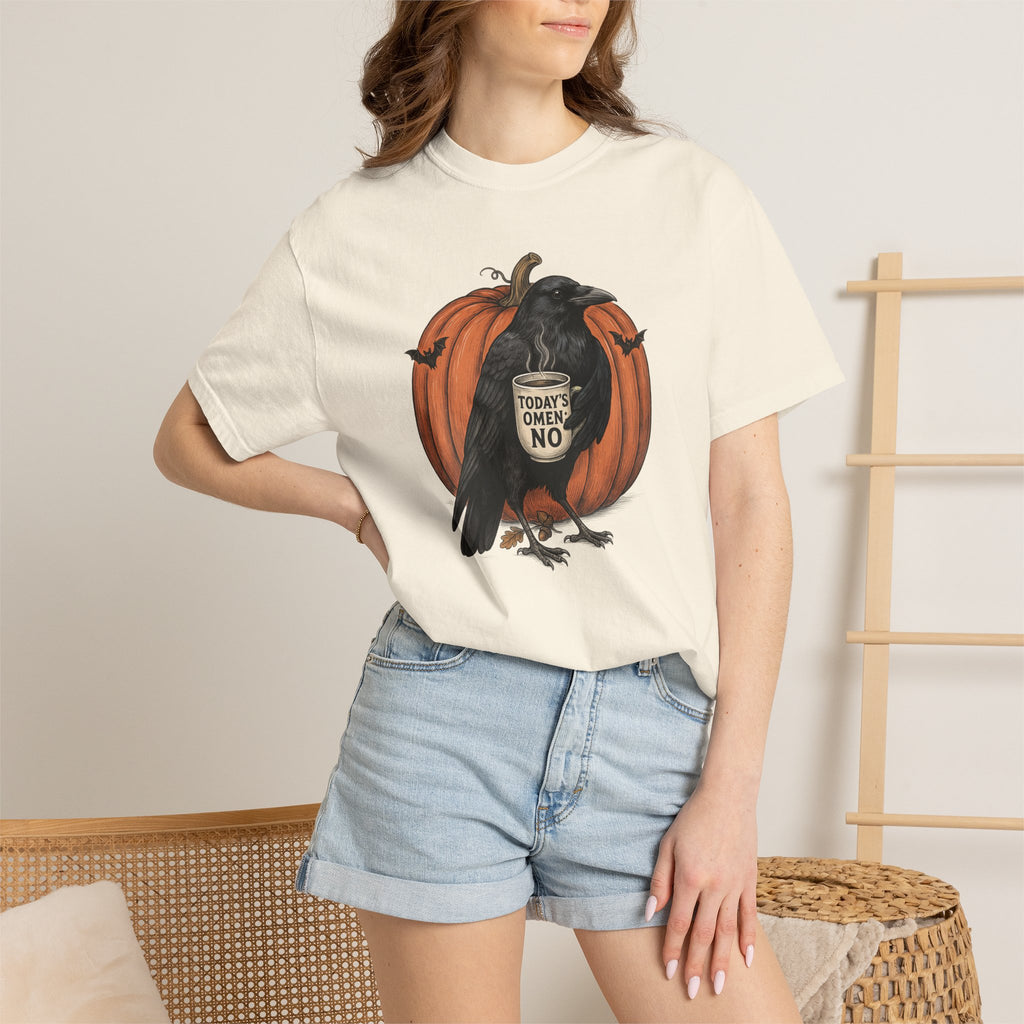 Crow with Coffee 'Today? Omen NO' Pumpkin T-Shirt | Halloween Raven Tee