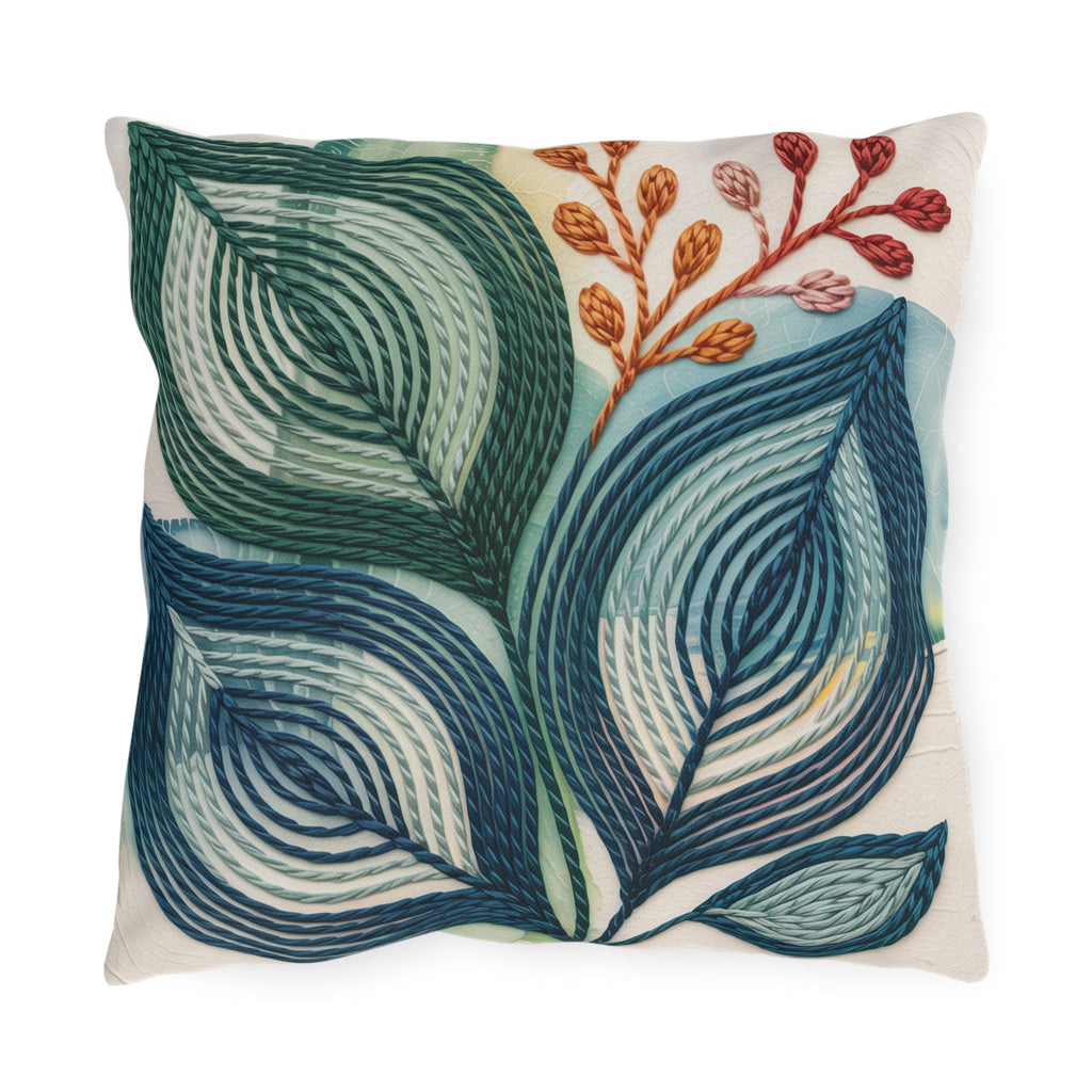 Abstract Teal Leaf Outdoor Pillow | Botanical Patio Decor