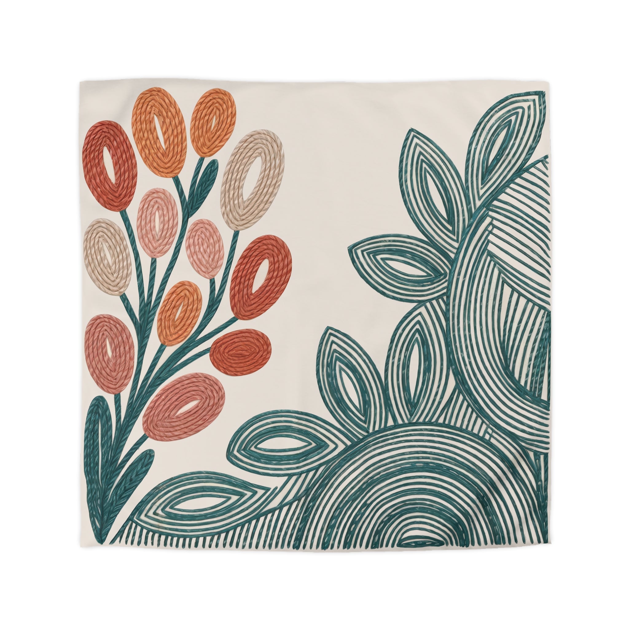 Modern Folk Botanical Duvet Cover | Boho | Mid-Century Floral, Terracotta Teal