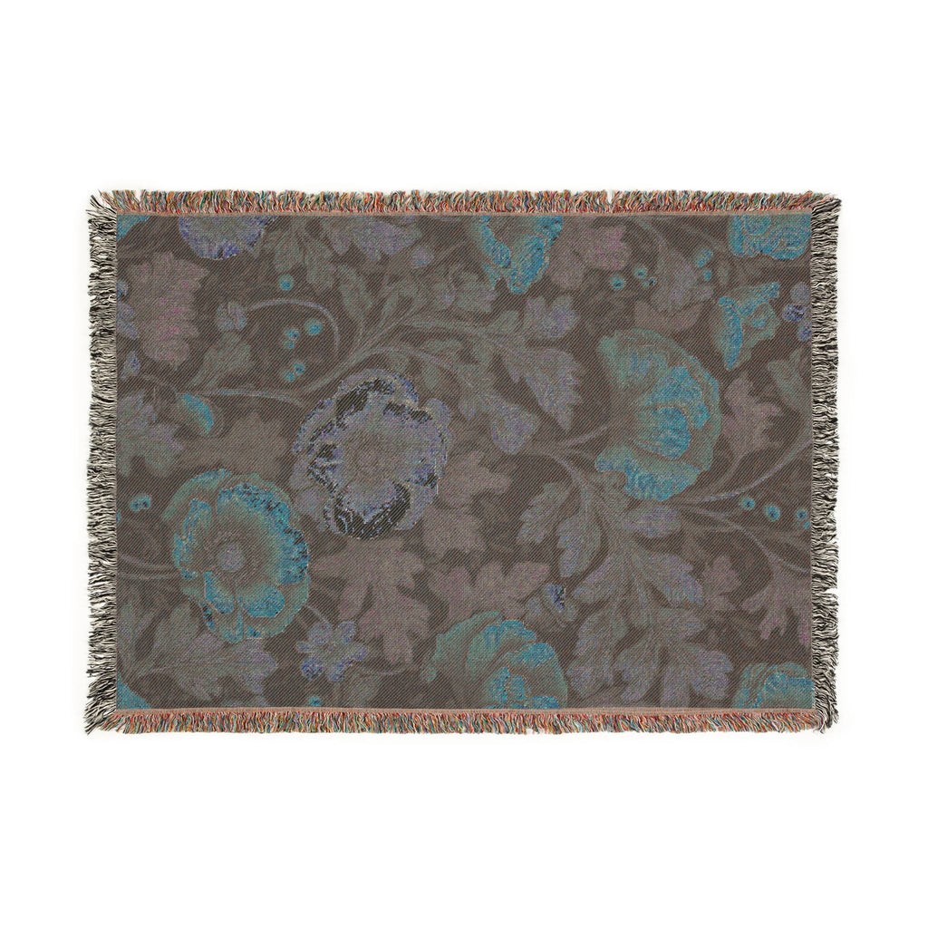 William Morris Poppy Garden Woven Blanket | Coral Orange & Teal Floral Throw