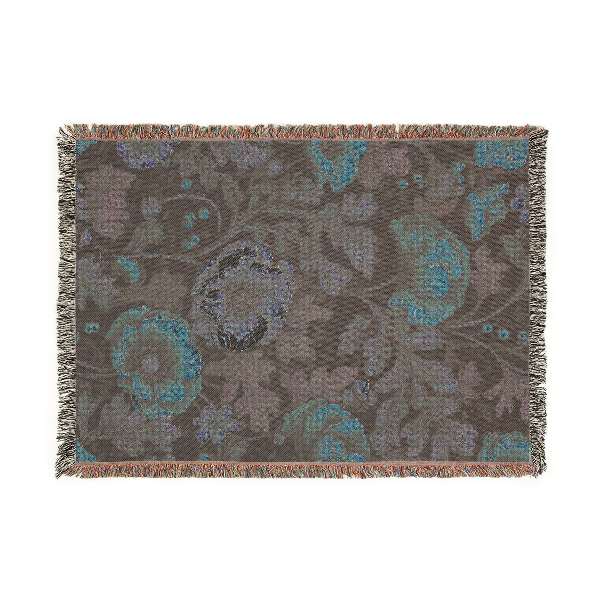 William Morris Poppy Garden Woven Blanket | Coral Orange & Teal Floral Throw