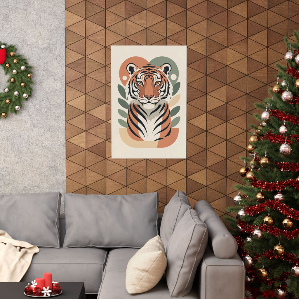 Mid-Century Tiger Poster | Retro Clay Orange, Sage Green Wall Art
