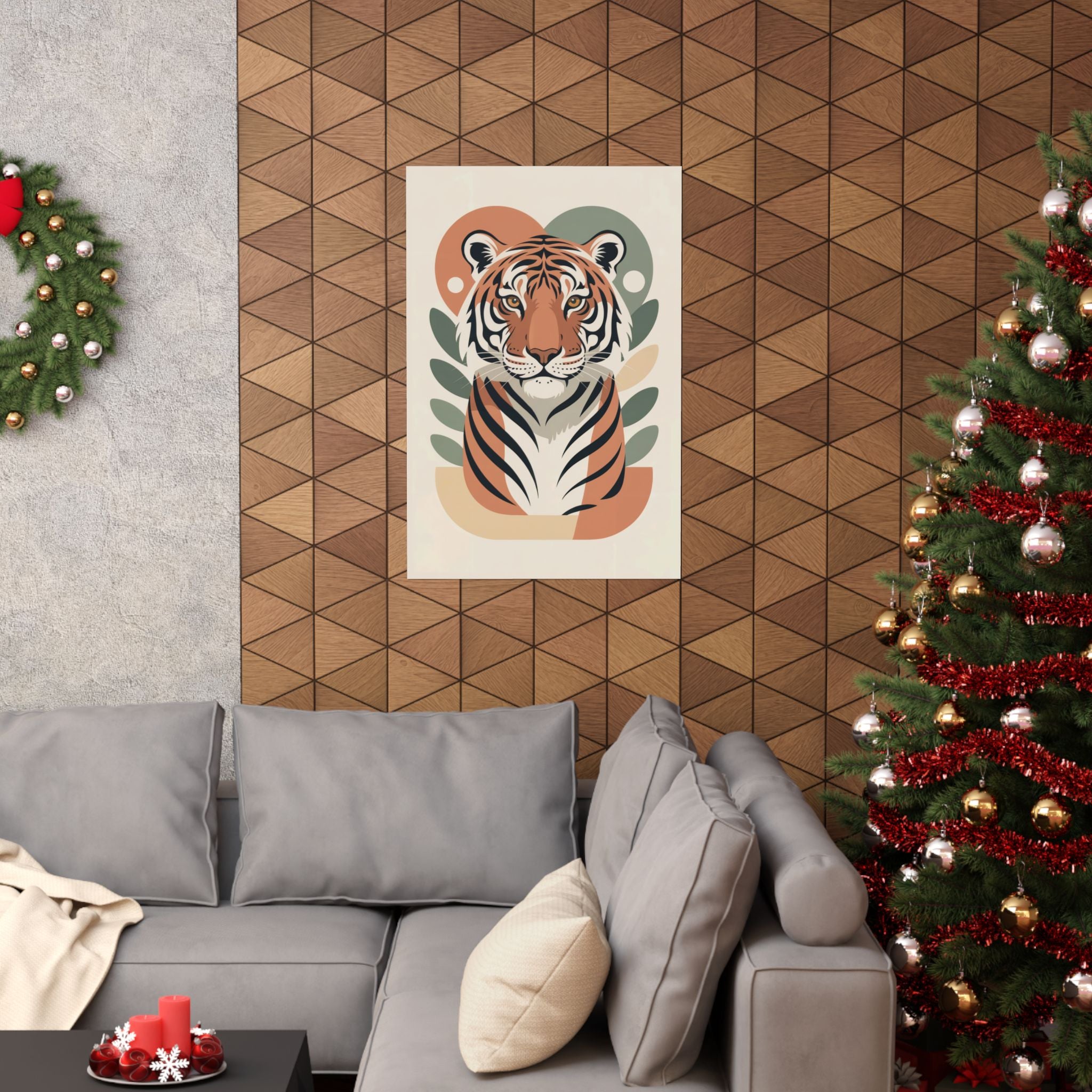 Mid-Century Tiger Poster | Retro Clay Orange, Sage Green Wall Art