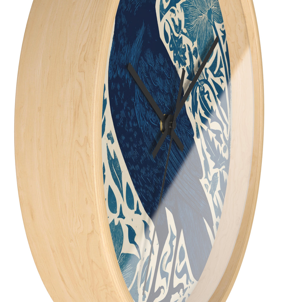 Linocut Raven Floral Wall Clock | Woodblock Style Vine Pattern