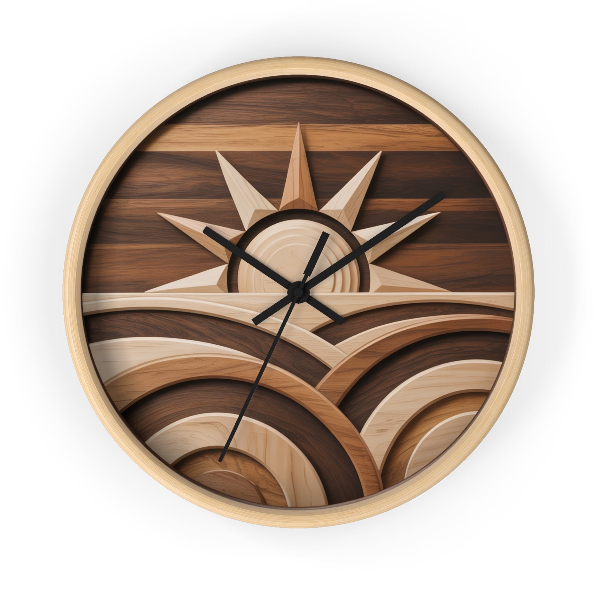 Mid Century Modern Clock Face Art, Geometric Sunrise Over Hills, Marquetry Style, Neutral Scandinavian Decor