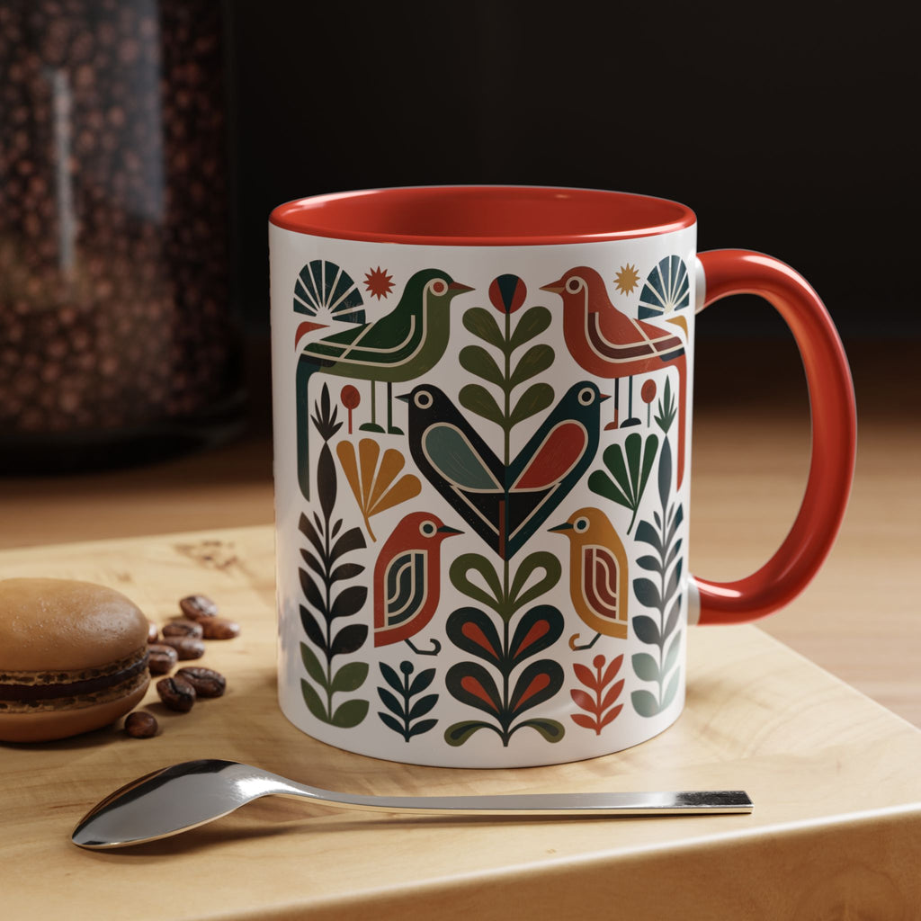 Scandinavian Folk Bird Accent Mug | Colorful Botanical Coffee Cup