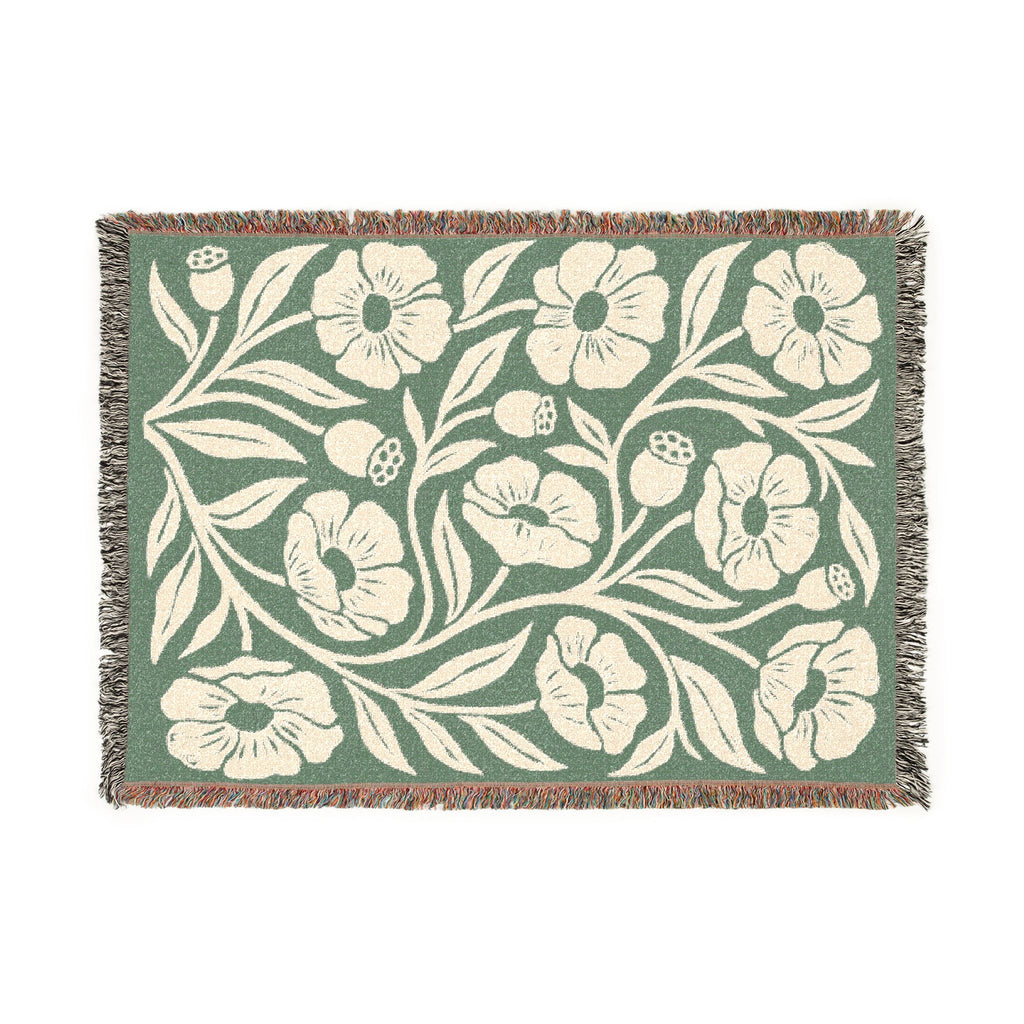 Botanical Floral Pattern Woven Blanket | Green Sage Cream Flower Throw