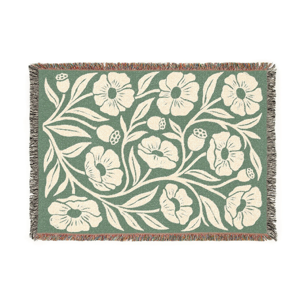 Botanical Floral Pattern Woven Blanket | Green Sage Cream Flower Throw
