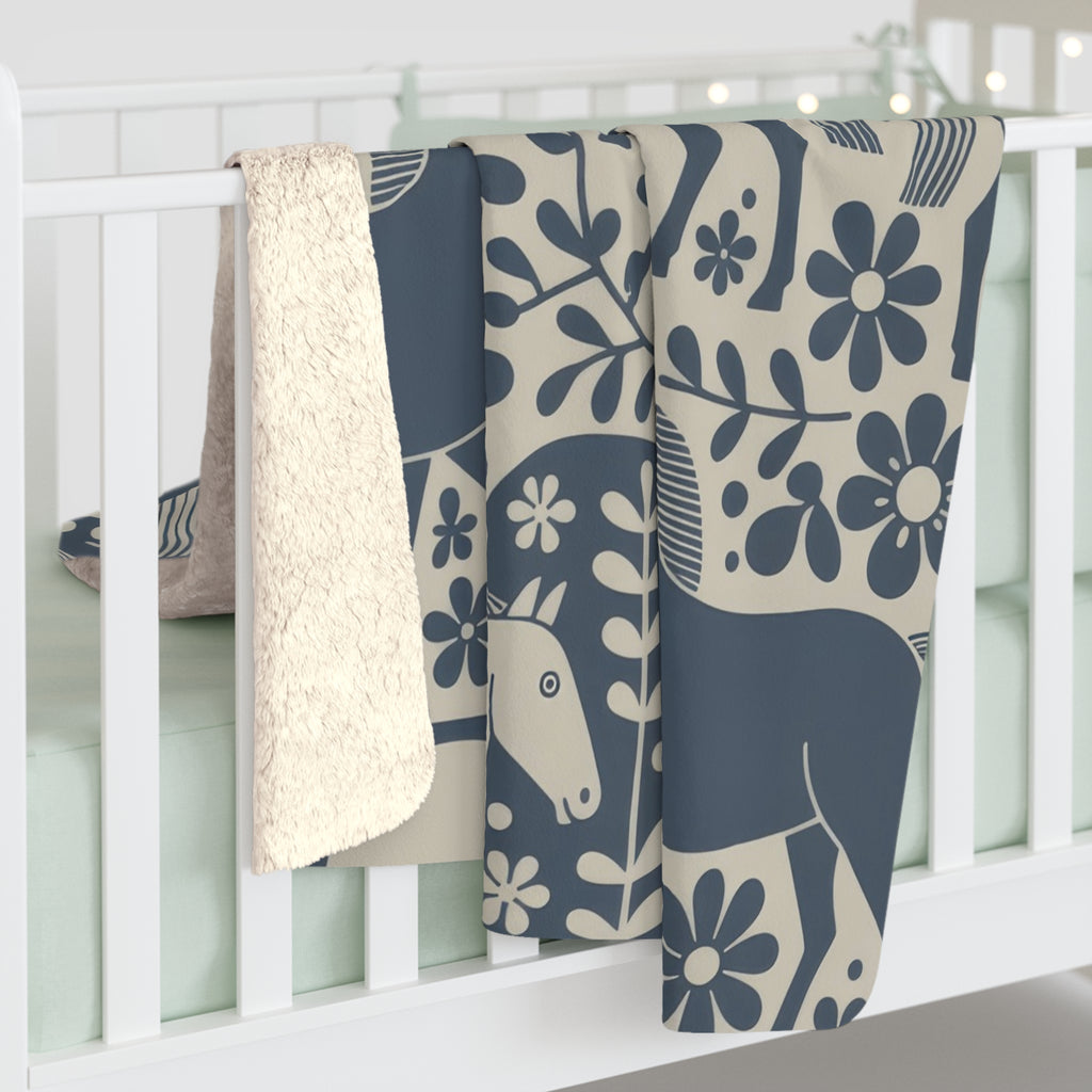 Scandinavian Dala Horse Folk Art Sherpa Fleece Blanket | Nordic Floral Pattern