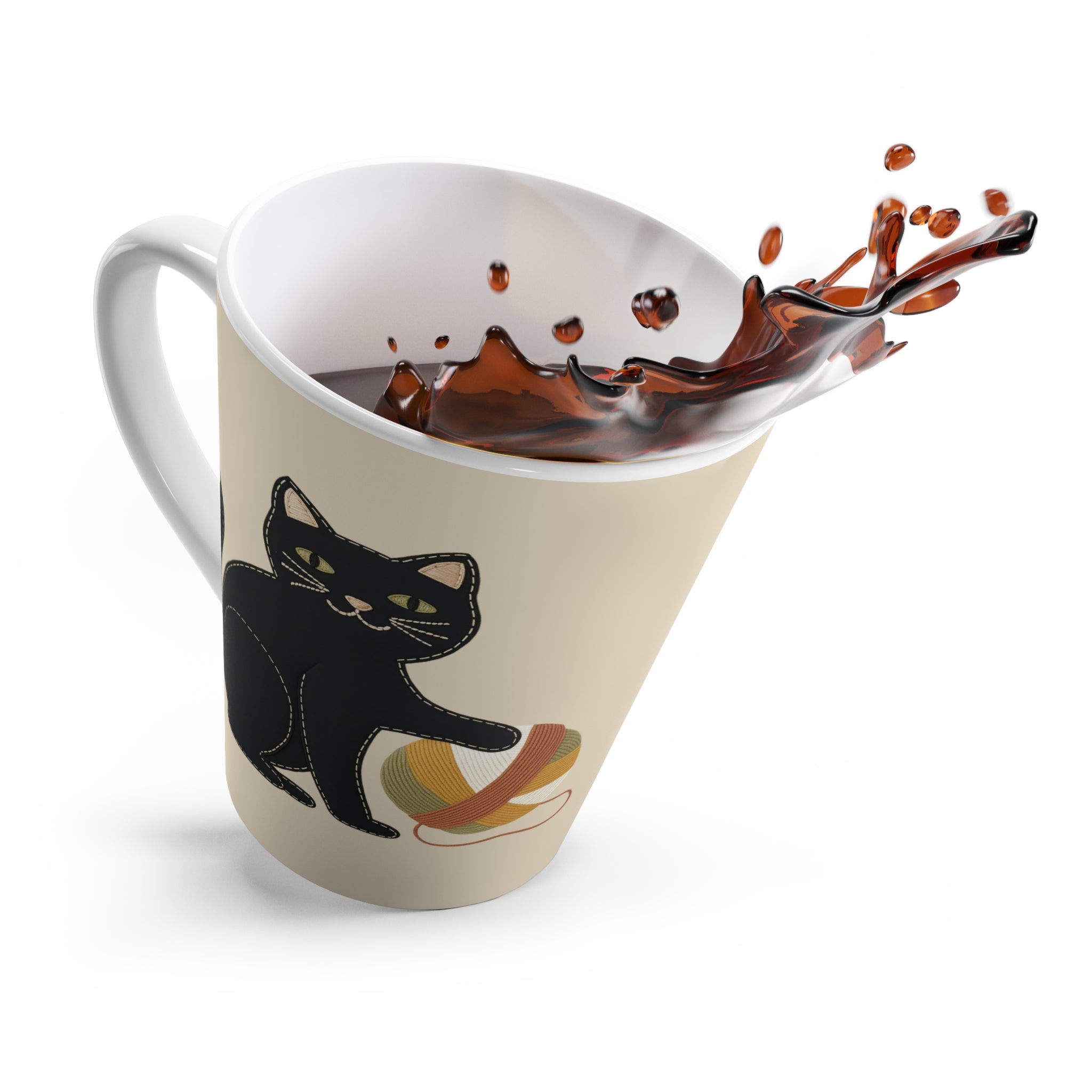 Folk Black Cat with Yarn Latte Mug | Appliqué-Style Embroidery Look