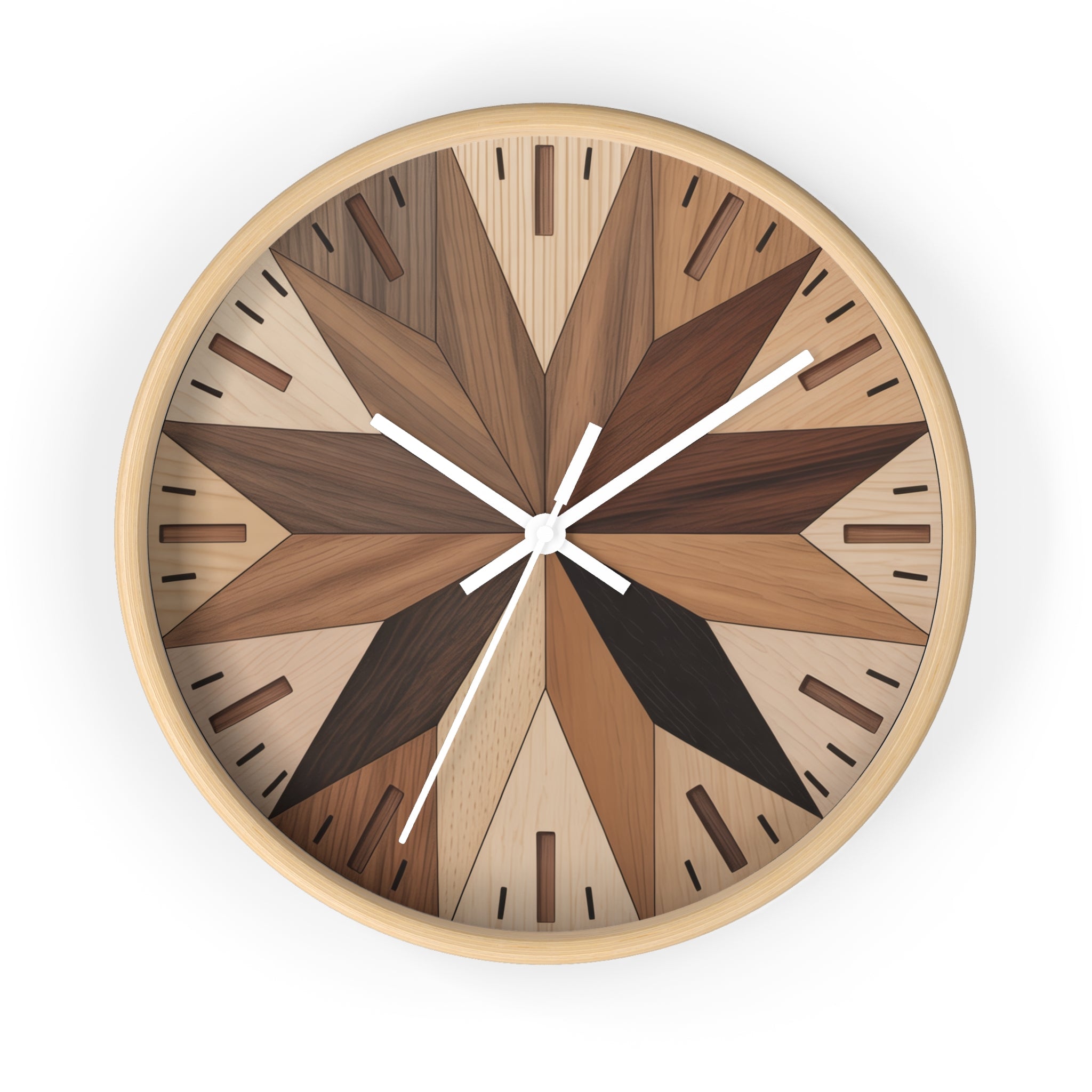 Mid Century Modern Clock Face Design, Maple Leaf Pattern, Marquetry-Style Pattern, Neutral Scandinavian Decor