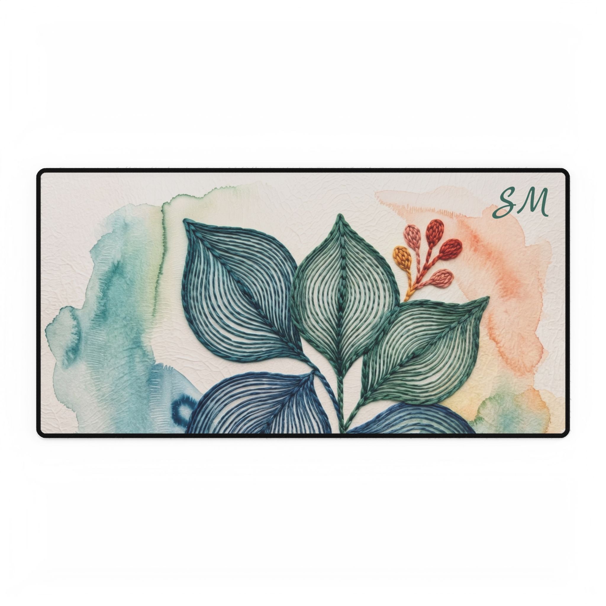 Abstract Leaf Desk Mat, Cubicle Decor, Blue Green Office Mouse Pad, Botanical Desk Accessory