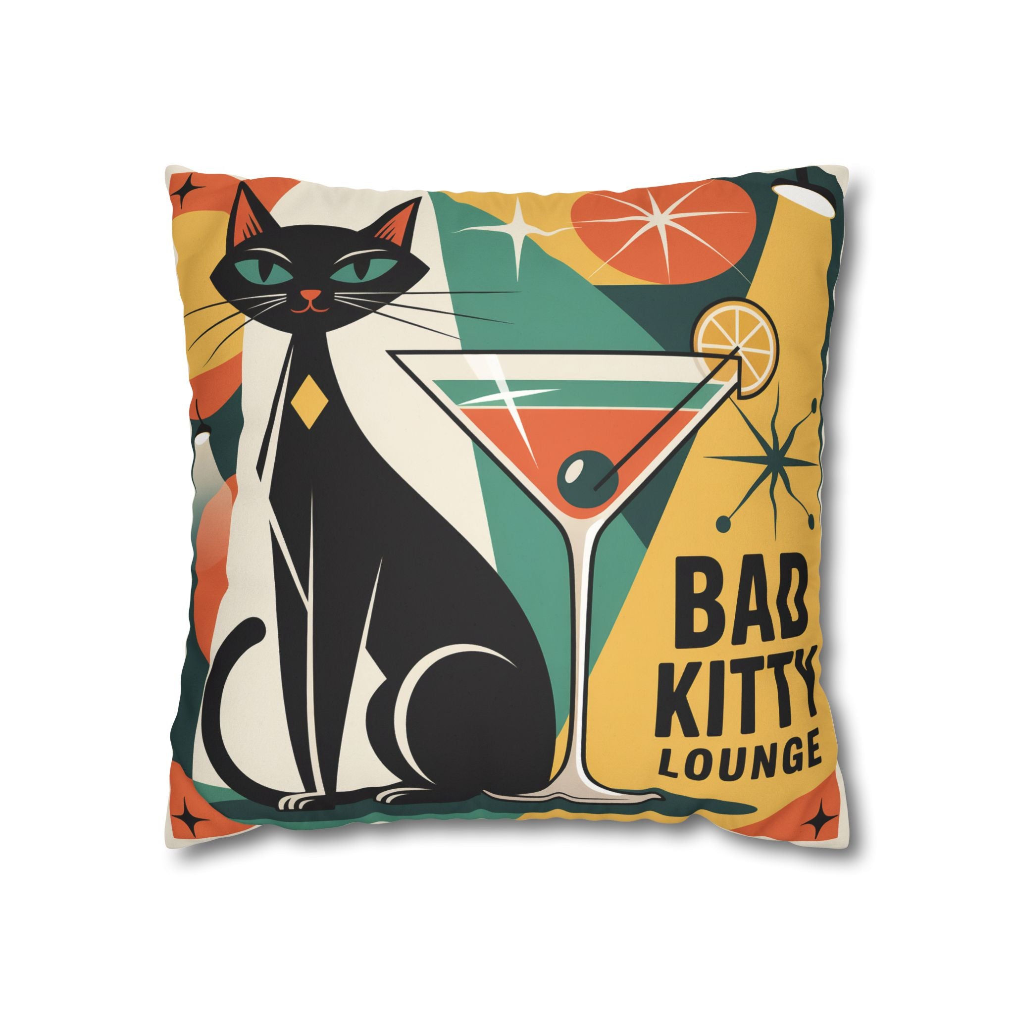 Bad Kitty Mid Century Modern Faux Suede Square Pillowcase | Retro Cat Accent
