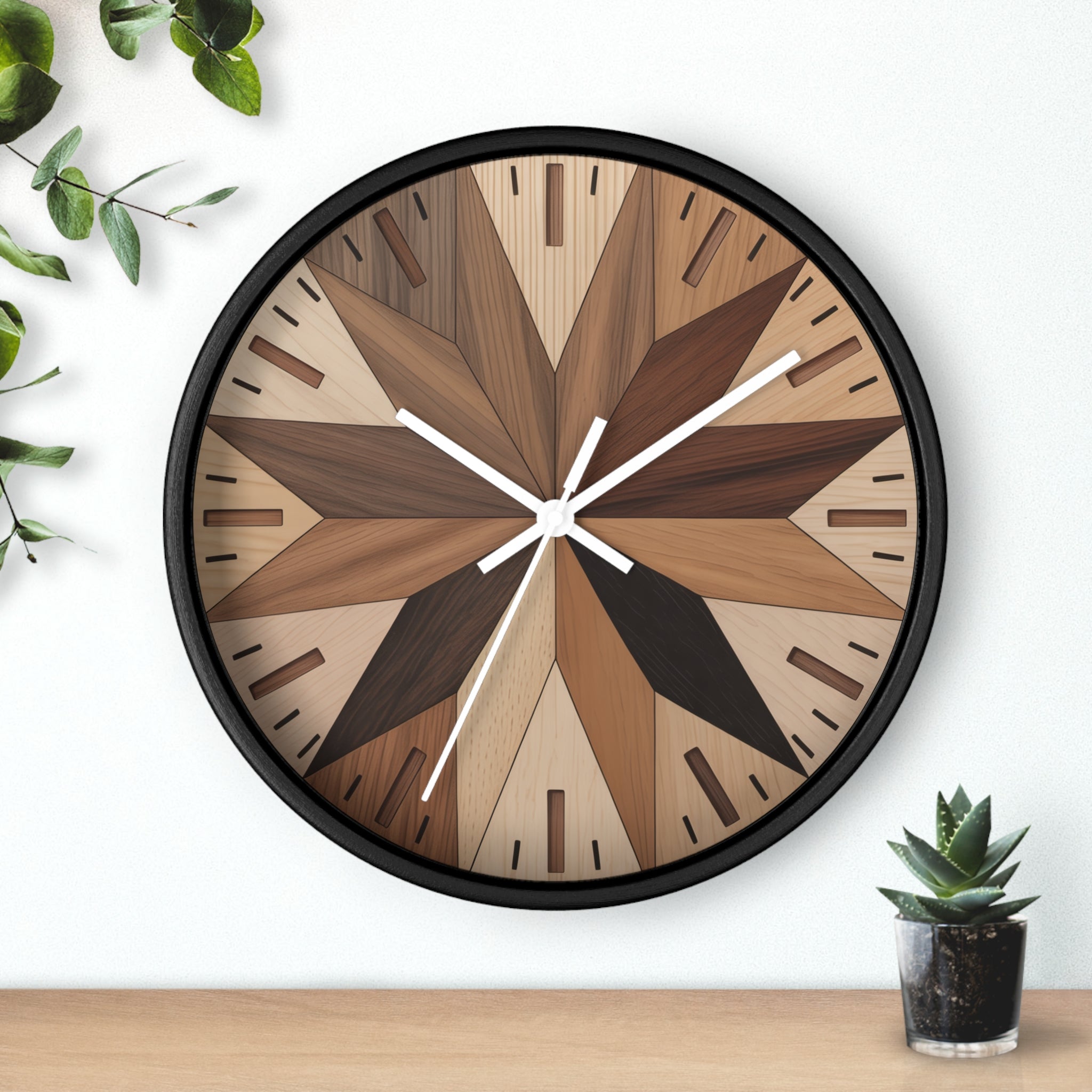 Mid Century Modern Clock Face Design, Maple Leaf Pattern, Marquetry-Style Pattern, Neutral Scandinavian Decor