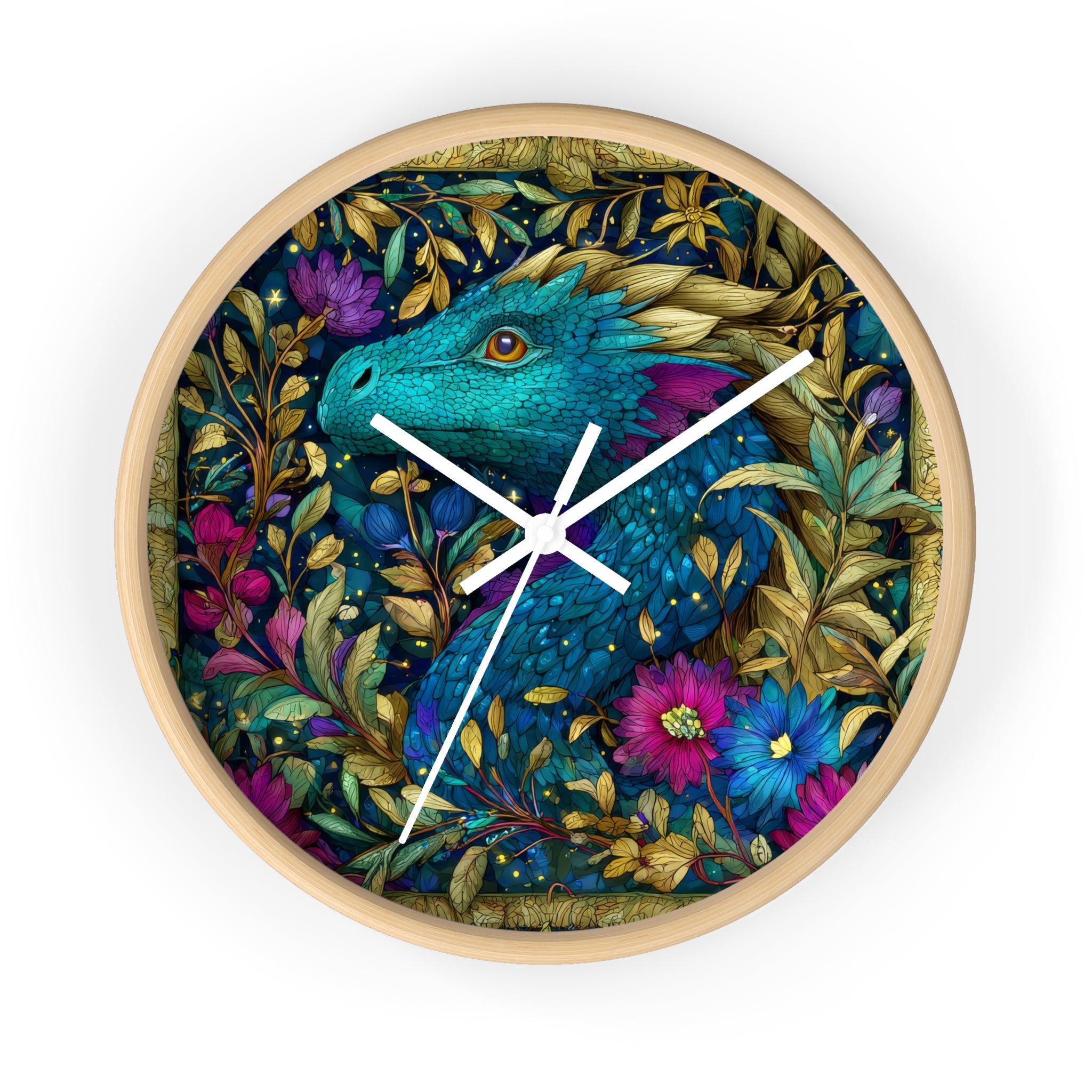 Stained-Glass Dragon Night Garden Wall Clock | Ornate Jewel-Tone Botanical