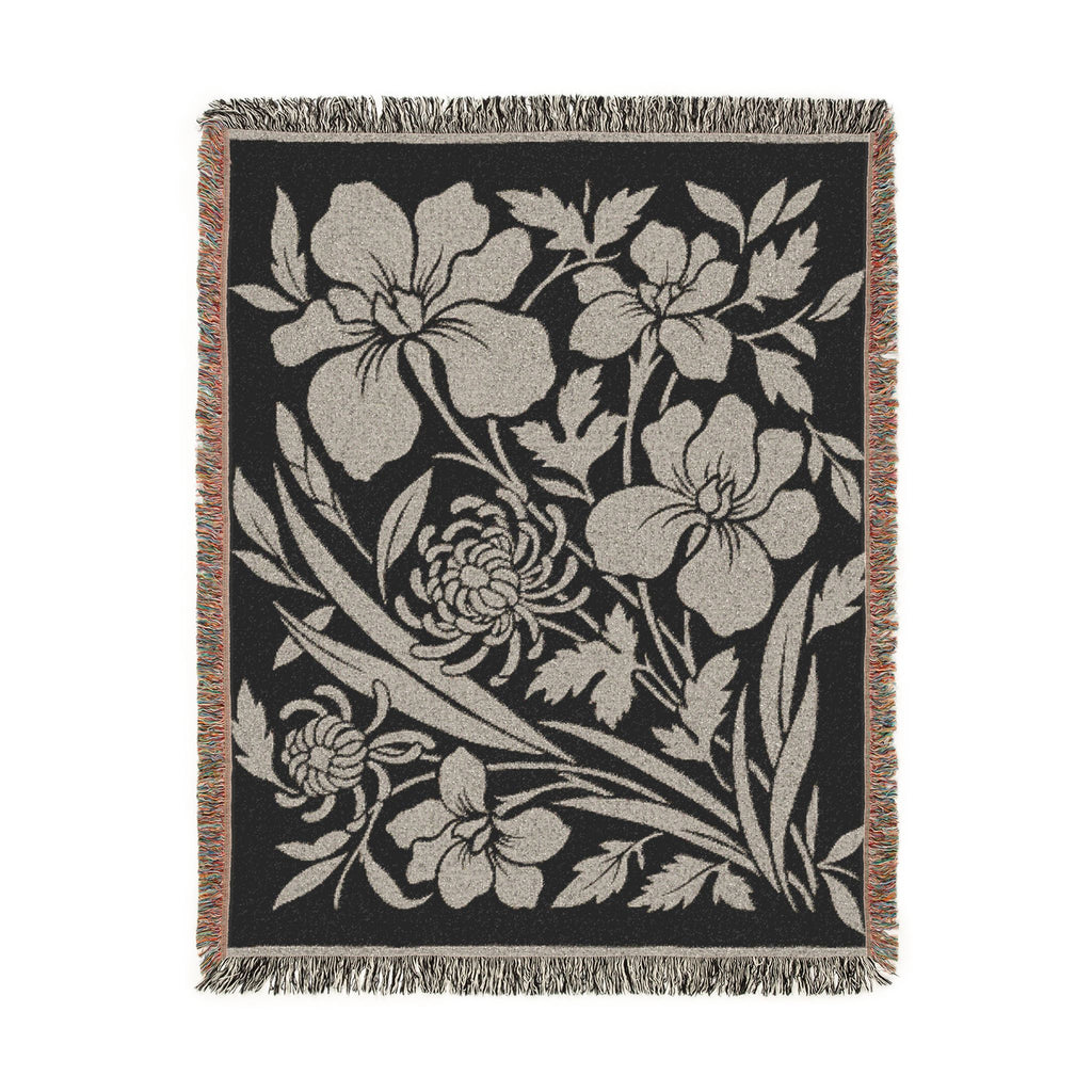 Neutral Japanese-Inspired Midnight Botanicals Floral Pattern Woven Blanket | Botanical Throw, Fringe Edge