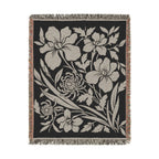 Neutral Japanese-Inspired Midnight Botanicals Floral Pattern Woven Blanket | Botanical Throw, Fringe Edge